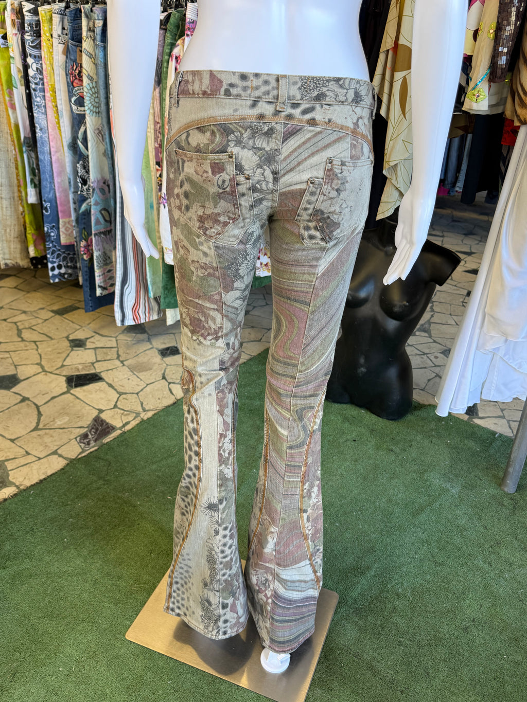Jeans Roberto Cavalli fiori e leopardo zampa 2000s