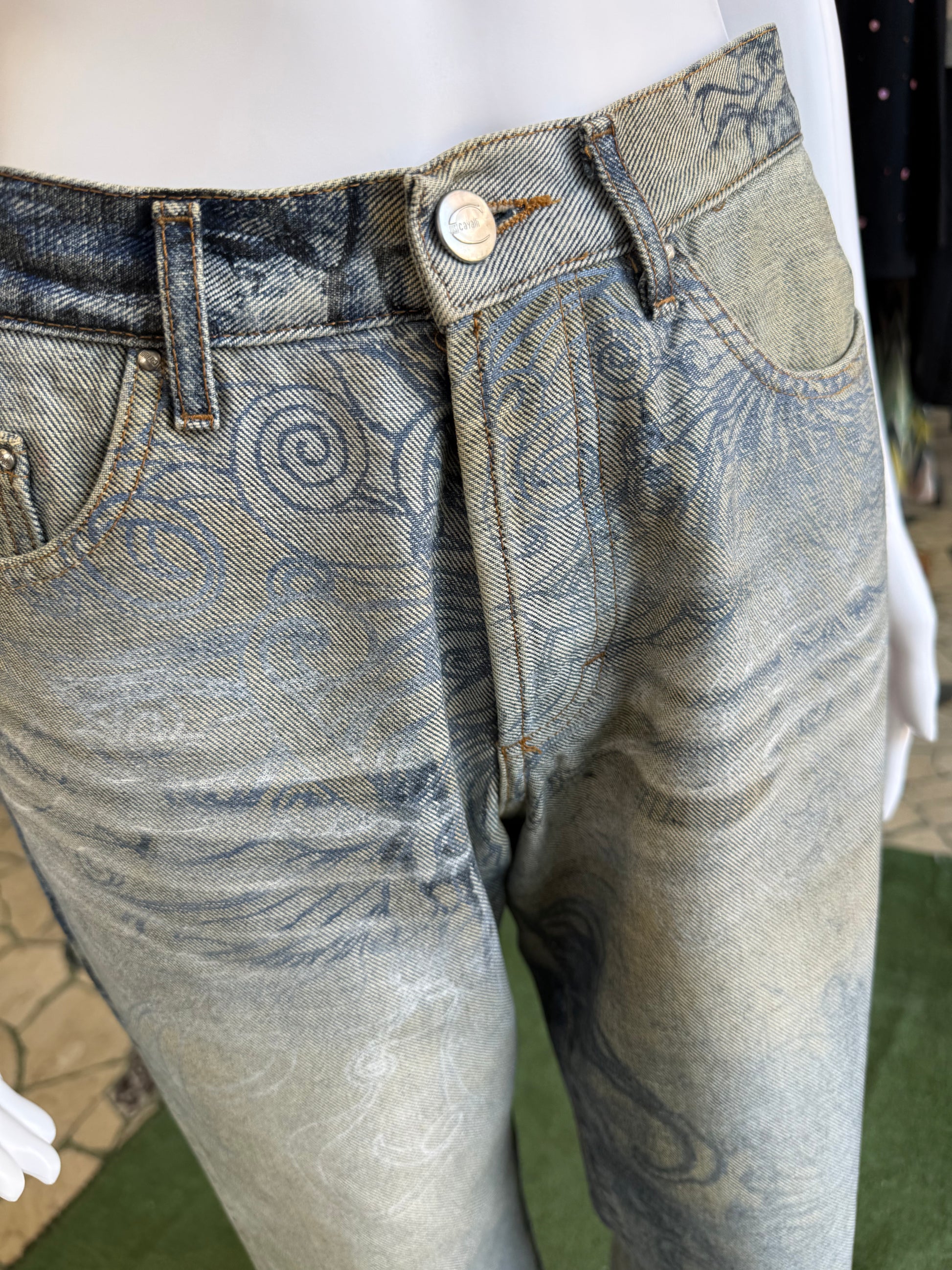 Jeans Roberto Cavalli  fiori blu sabbiati 00s
