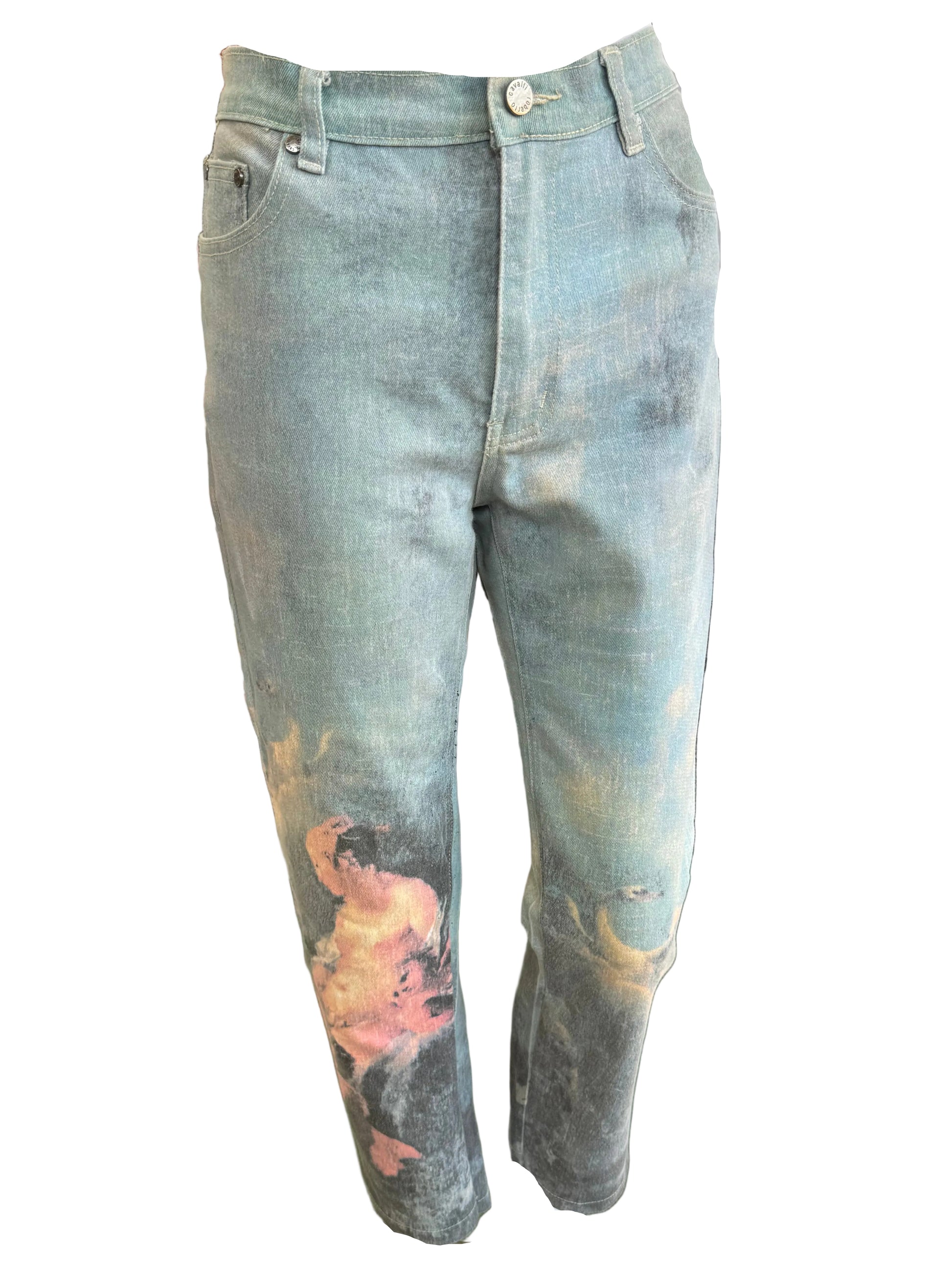 Jeans Roberto Cavalli rinascimentale quadro azzurro 90s