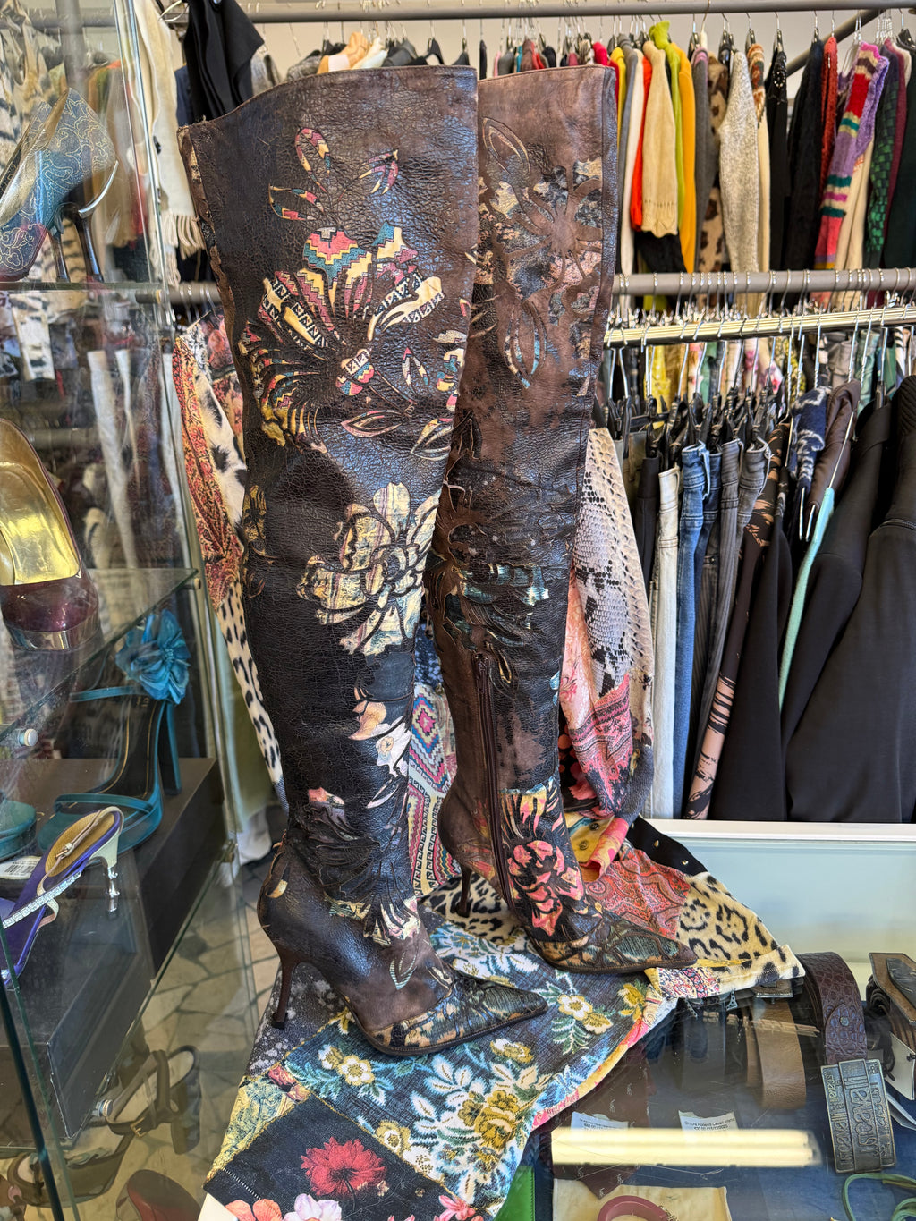 Iconici stivali Roberto Cavalli SS2002 pelle laserata e seta patchwork nuovi