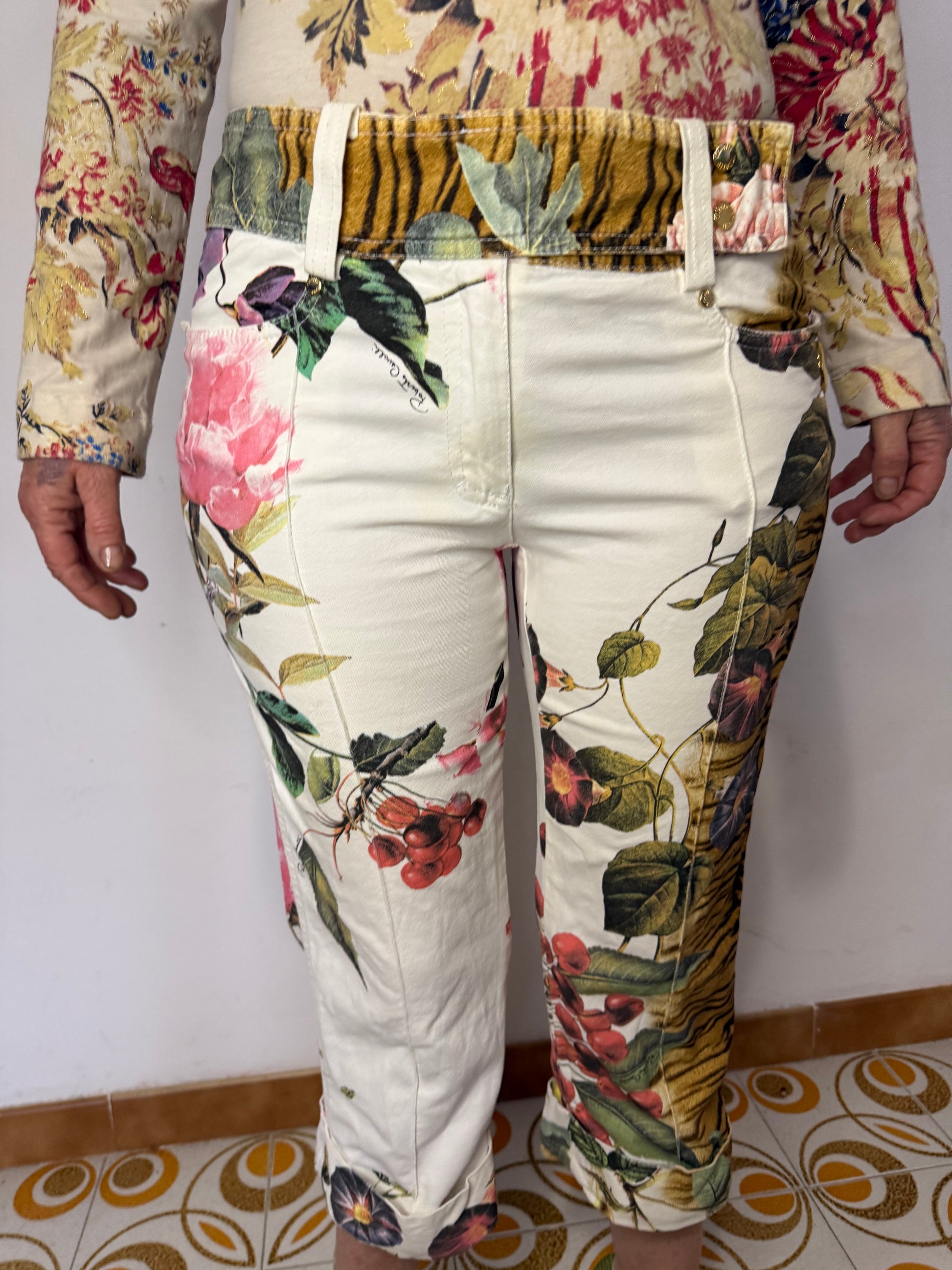 Jeans pinocchietto Roberto Cavalli SS2005 tigre e fiori