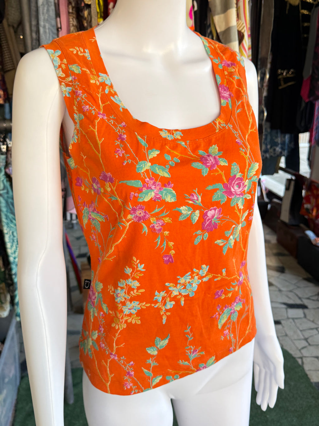 Top Roberto Cavalli fiori su arancio 90s