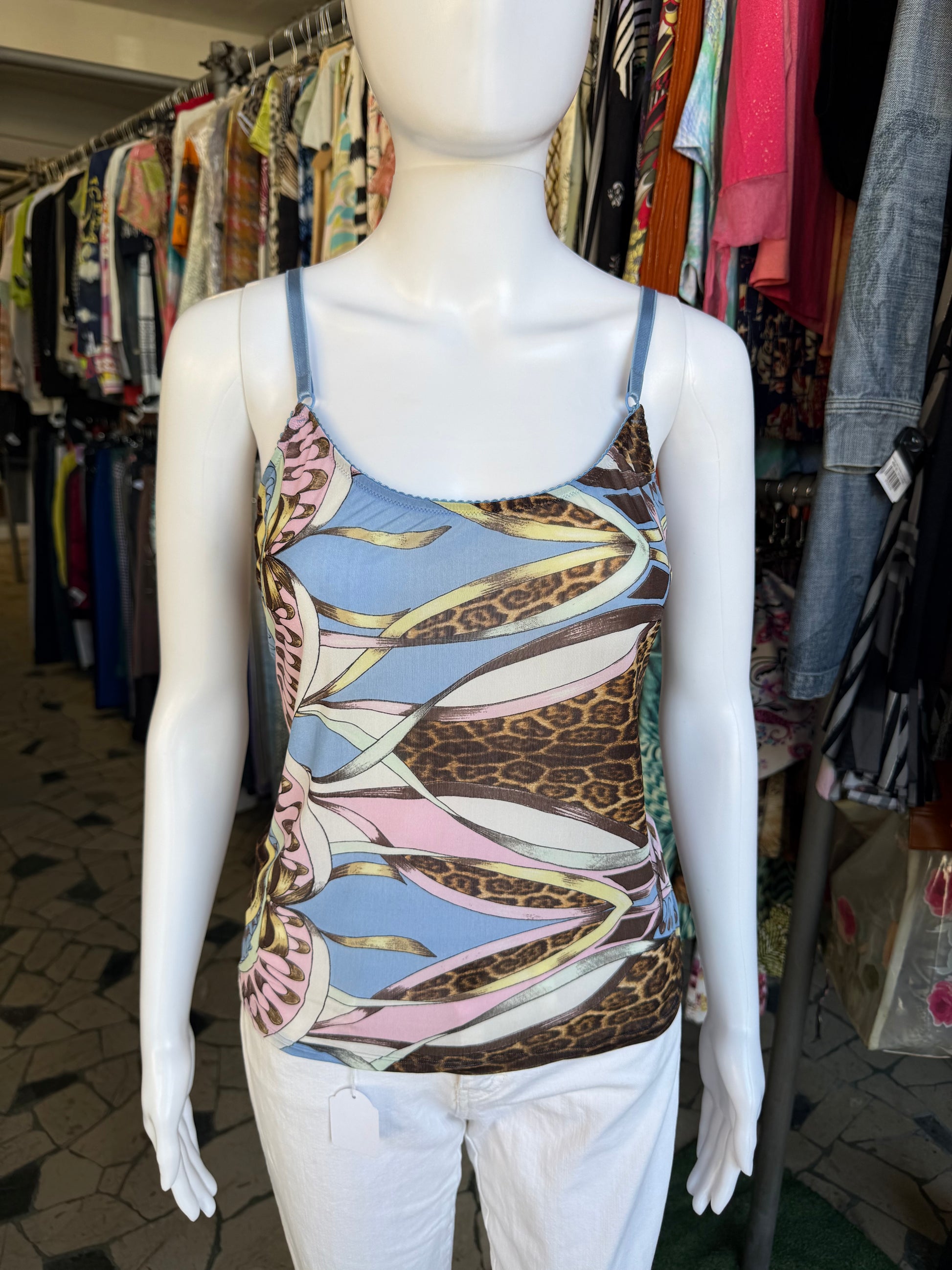 Top Roberto Cavalli SS2004 patchwork animalier azzurro