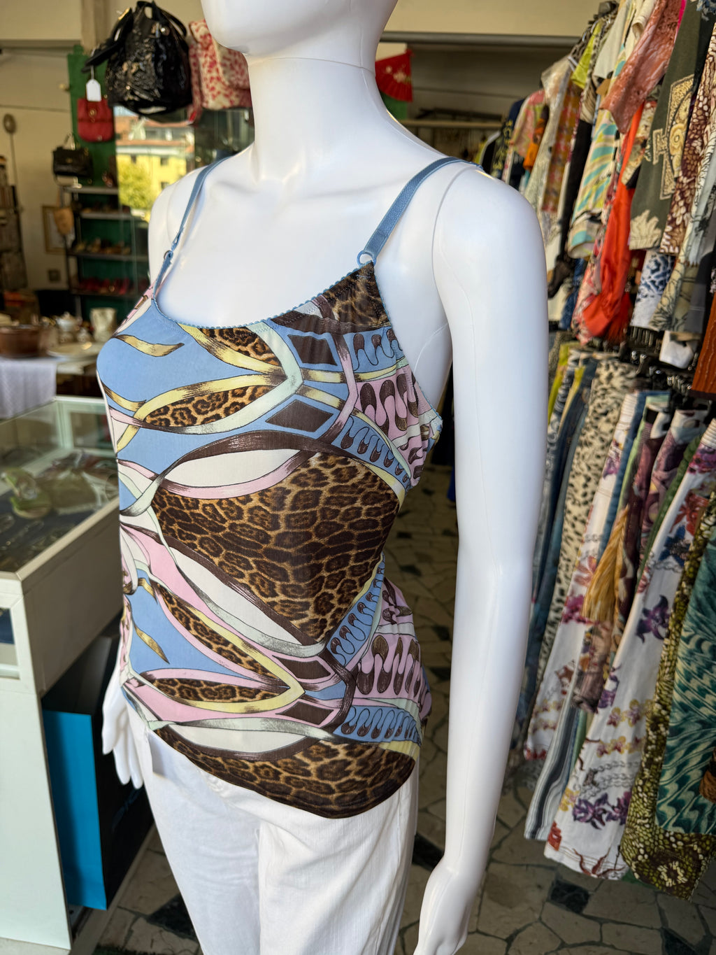 Top Roberto Cavalli SS2004 patchwork animalier azzurro