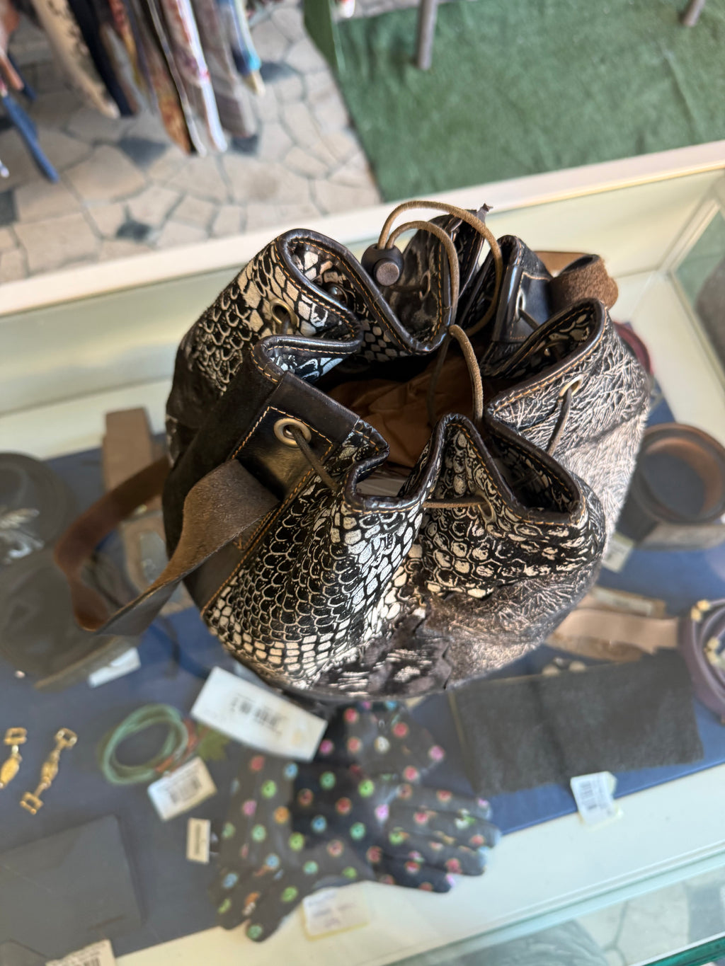 Borsa Roberto Cavalli a secchiello giaguaro e patchwork anni 80