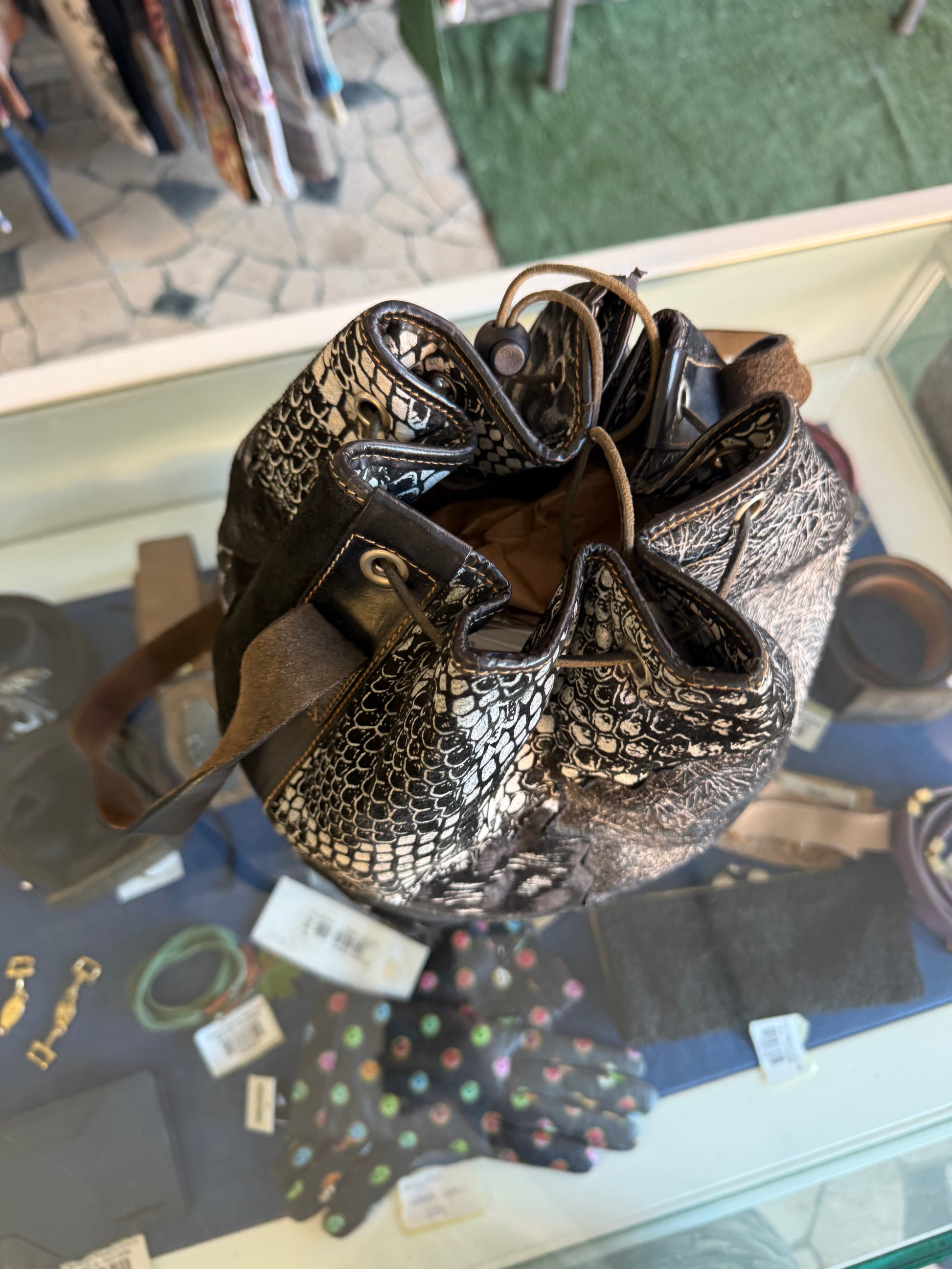 Borsa Roberto Cavalli a secchiello giaguaro e patchwork anni 80