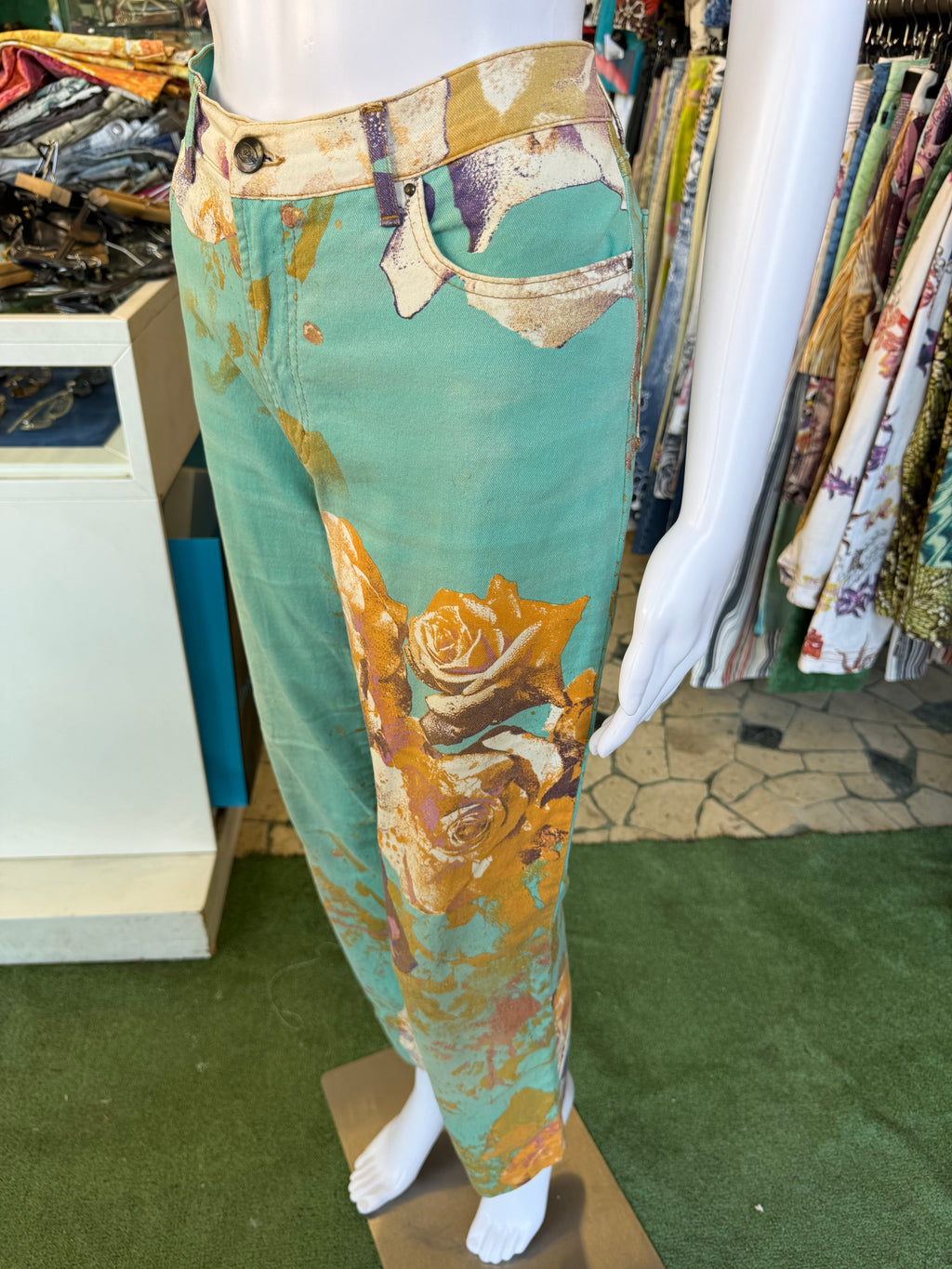 Jeans Roberto Cavalli rose e fiori su azzurro 00s