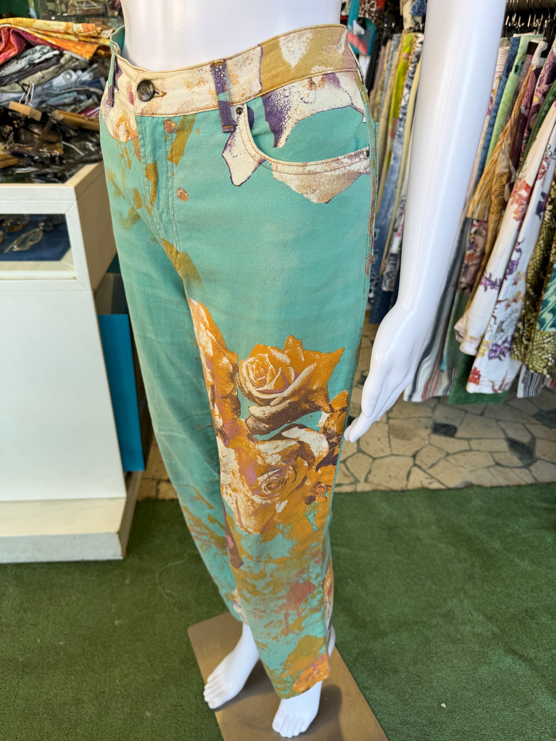 Jeans Roberto Cavalli rose e fiori su azzurro 00s