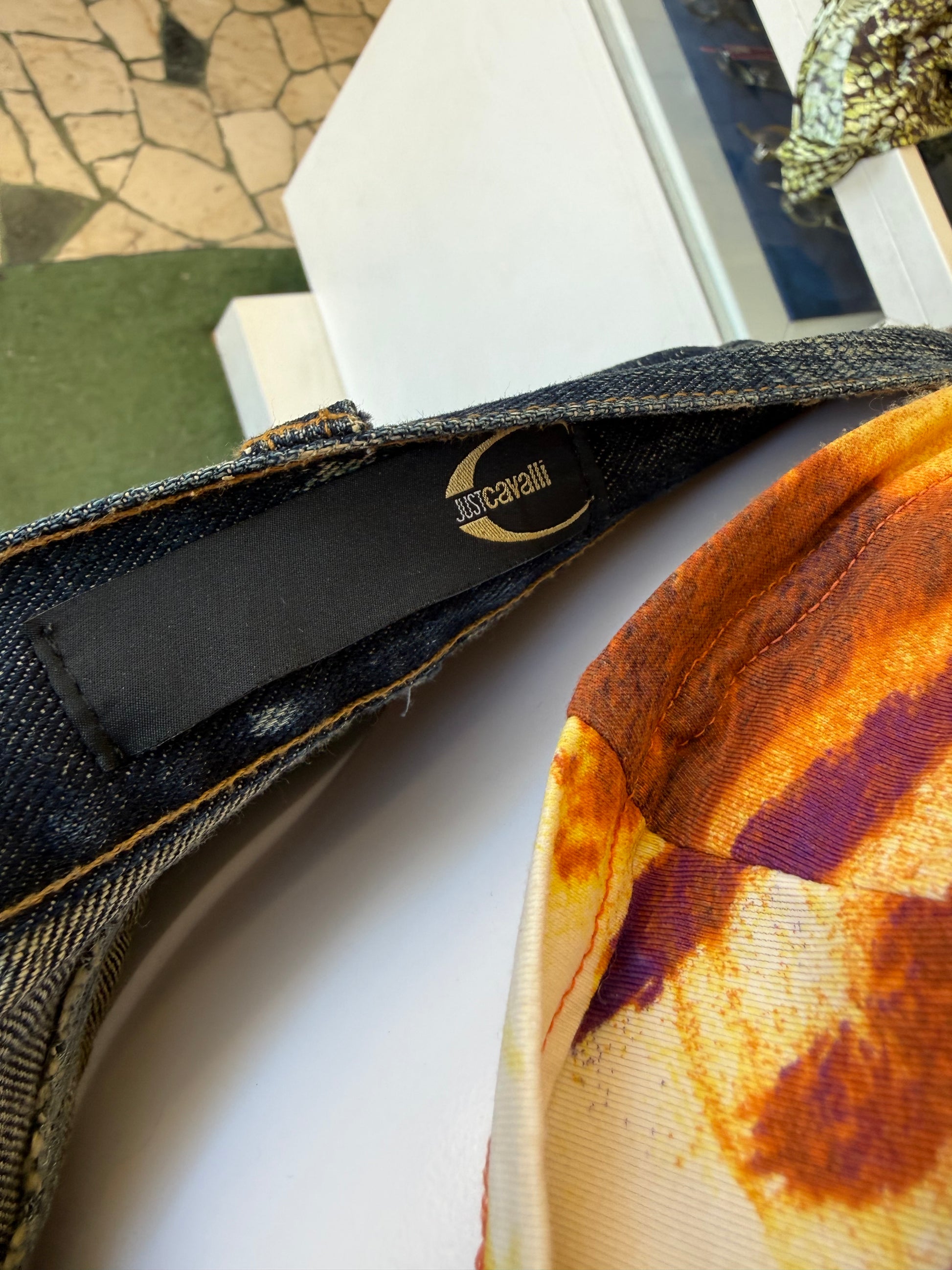 Mini gonna Roberto Cavalli pelle e denim Y2K 00s