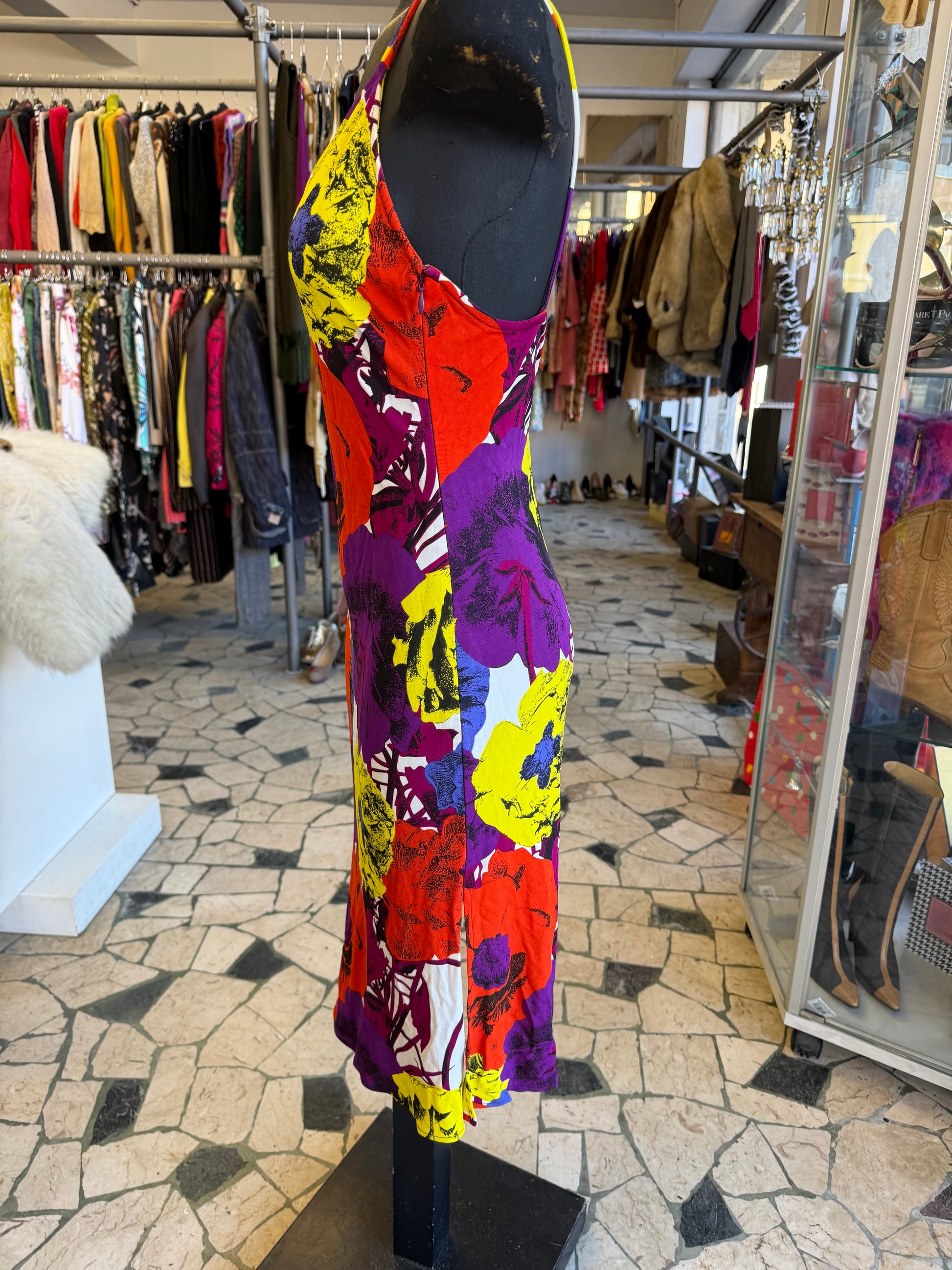 Abito Gianni Versace SS2002 stampa fiori multicolore