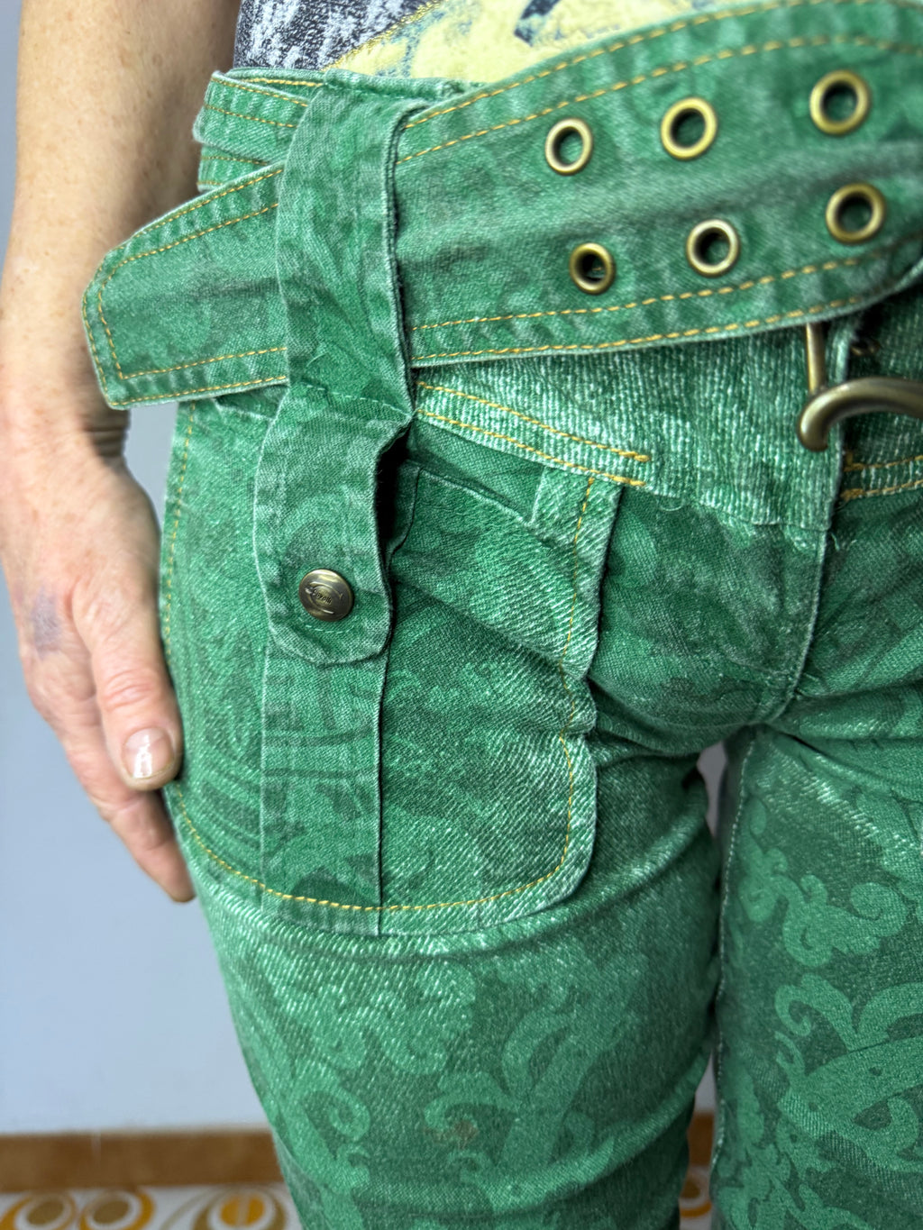 Jeans verde stampa barocco Roberto Cavalli Just 2000”