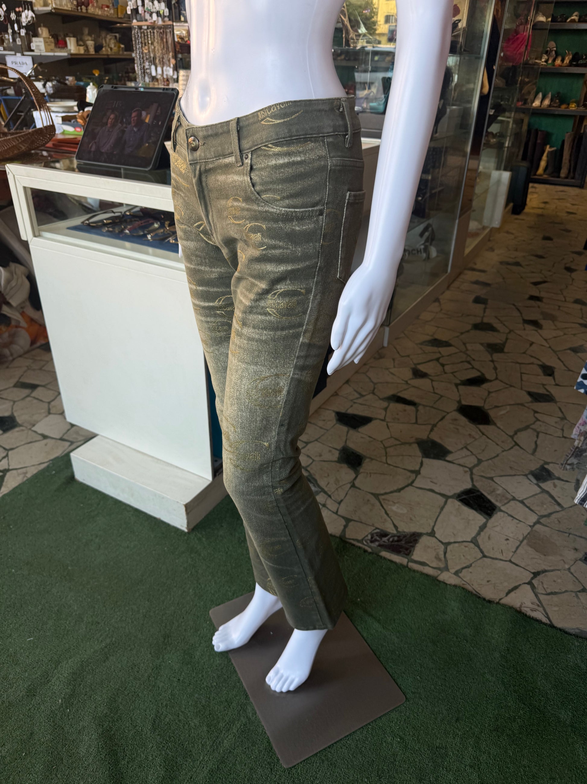 Jeans Roberto Cavalli logo Just verde oro 00s