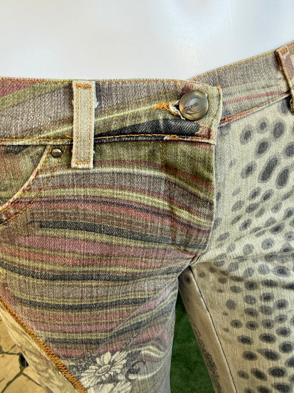 Jeans Roberto Cavalli fiori e leopardo zampa 2000s