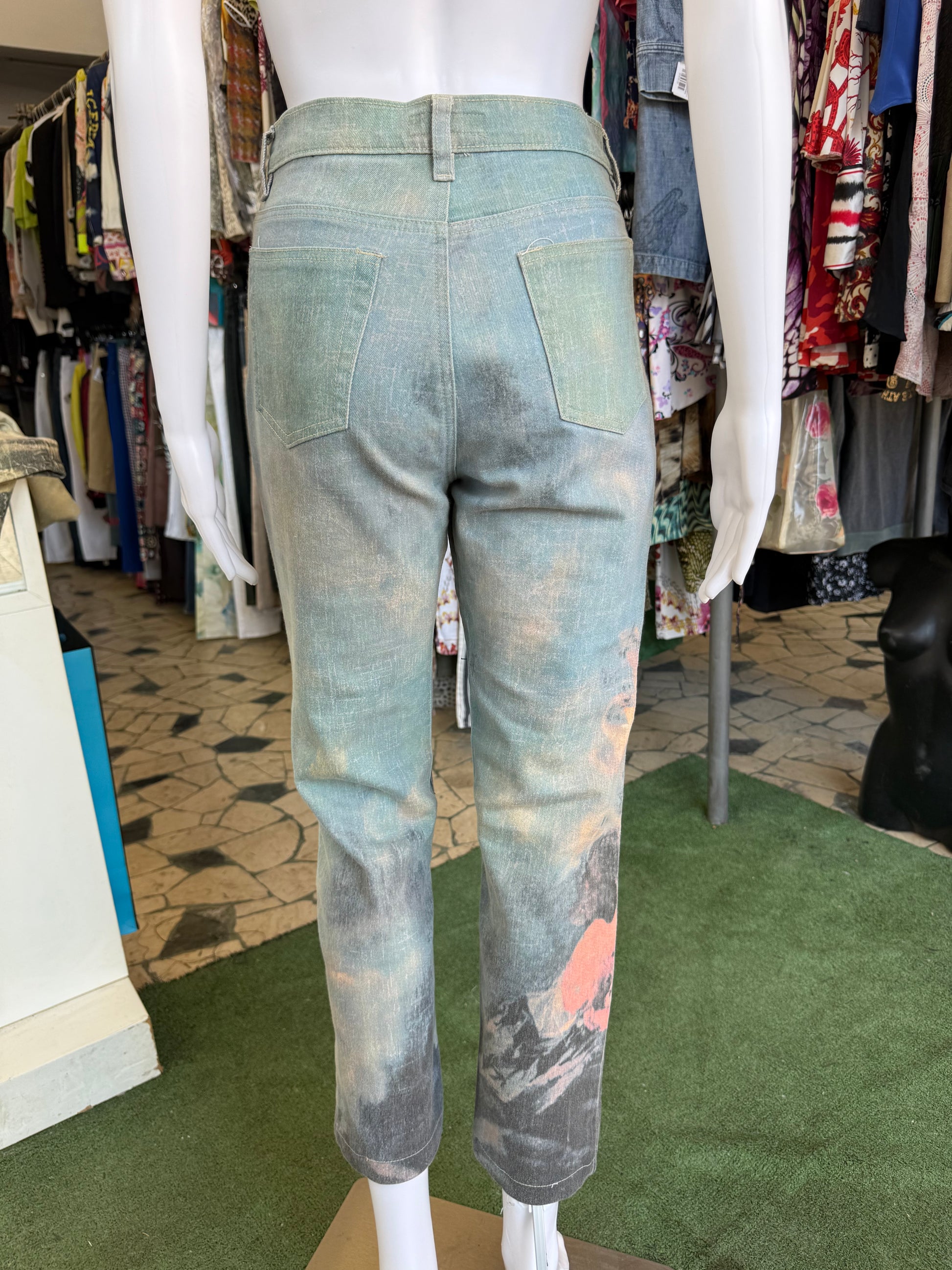 Jeans Roberto Cavalli rinascimentale quadro azzurro 90s