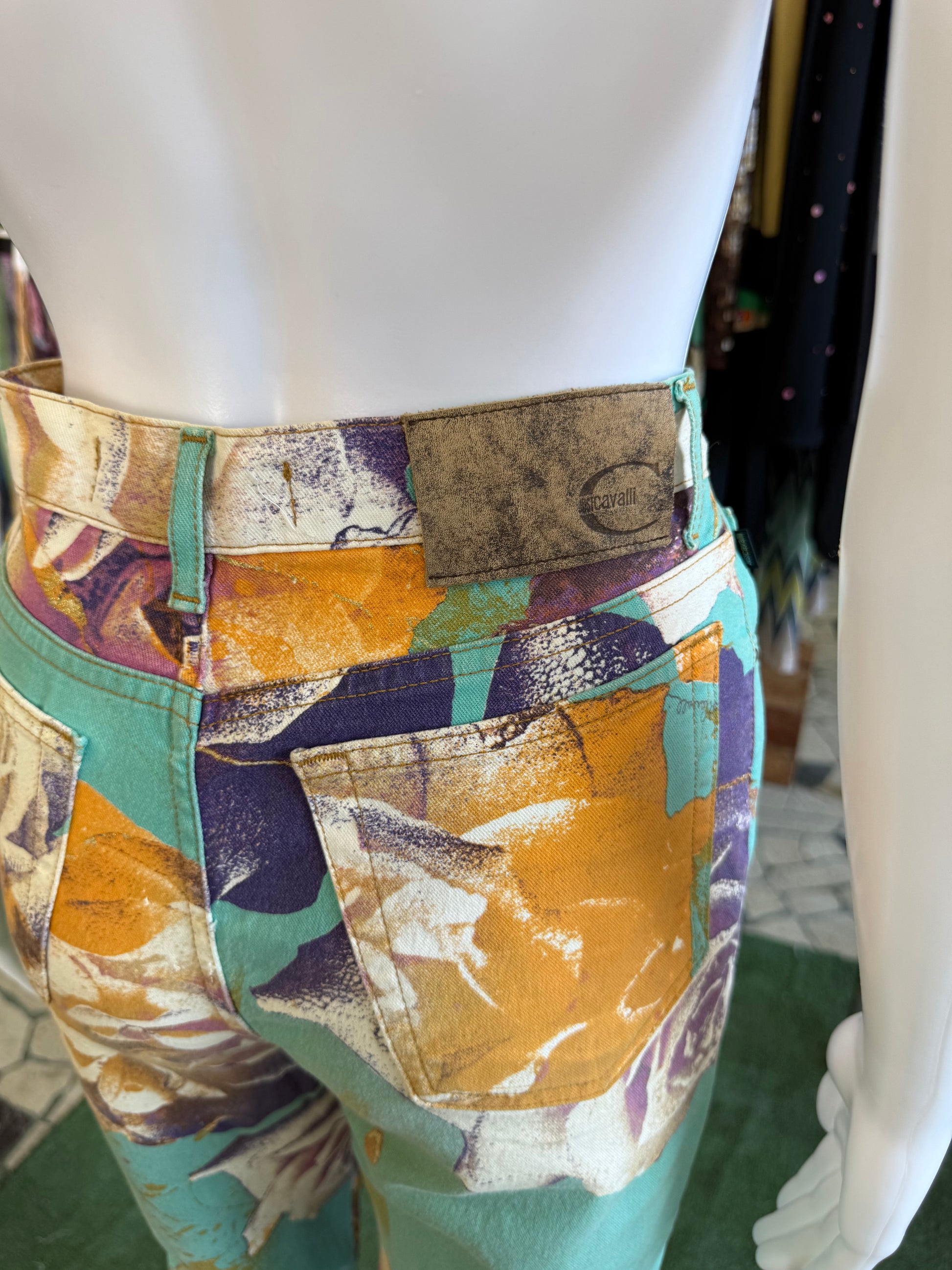 Jeans Roberto Cavalli rose e fiori su azzurro 00s