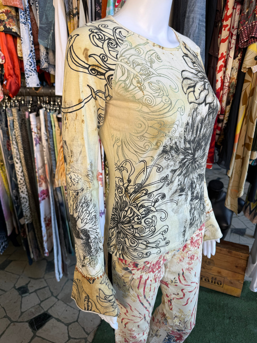 Top Roberto Cavalli fiori e bruciature 00s