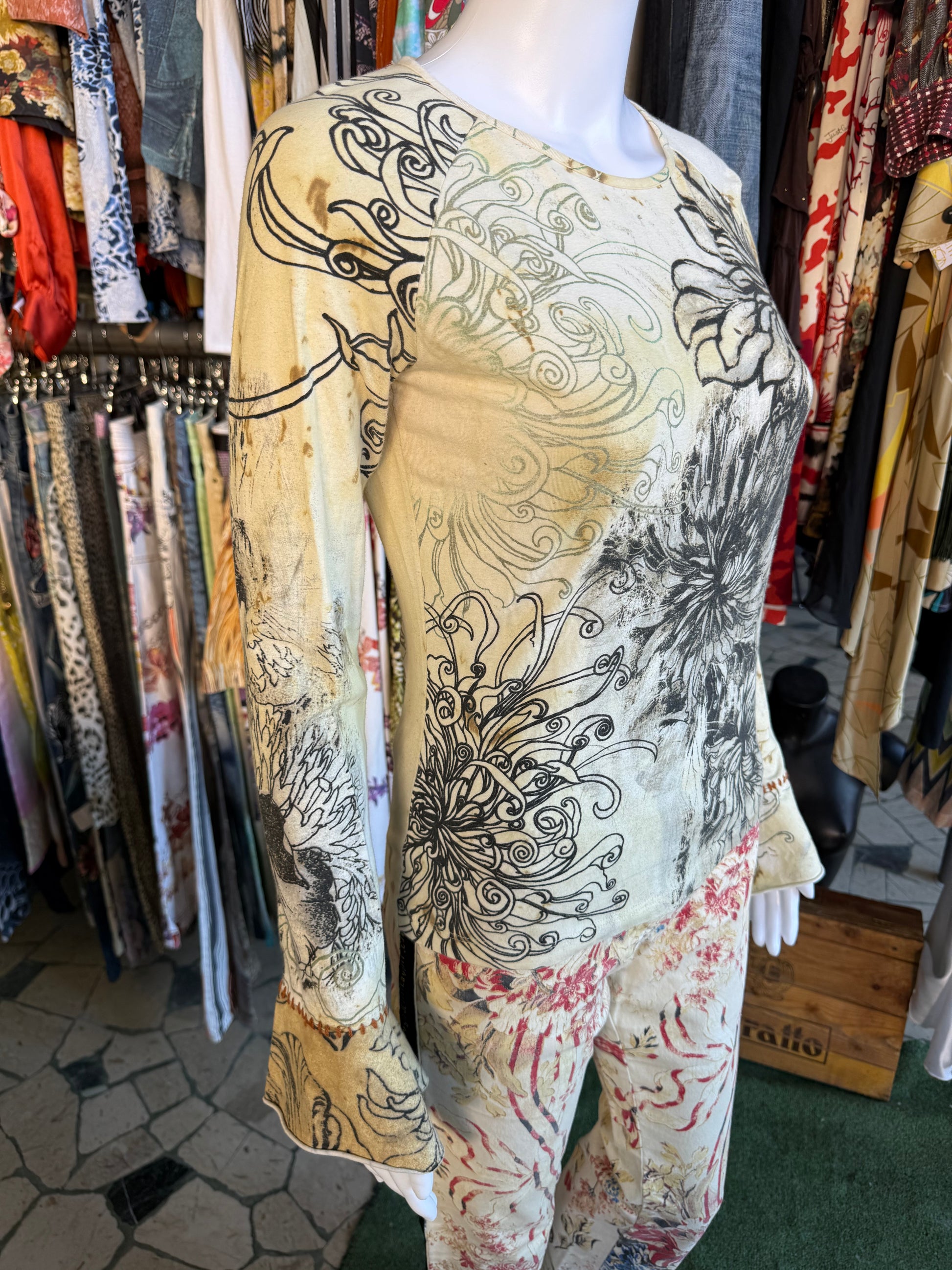 Top Roberto Cavalli fiori e bruciature 00s
