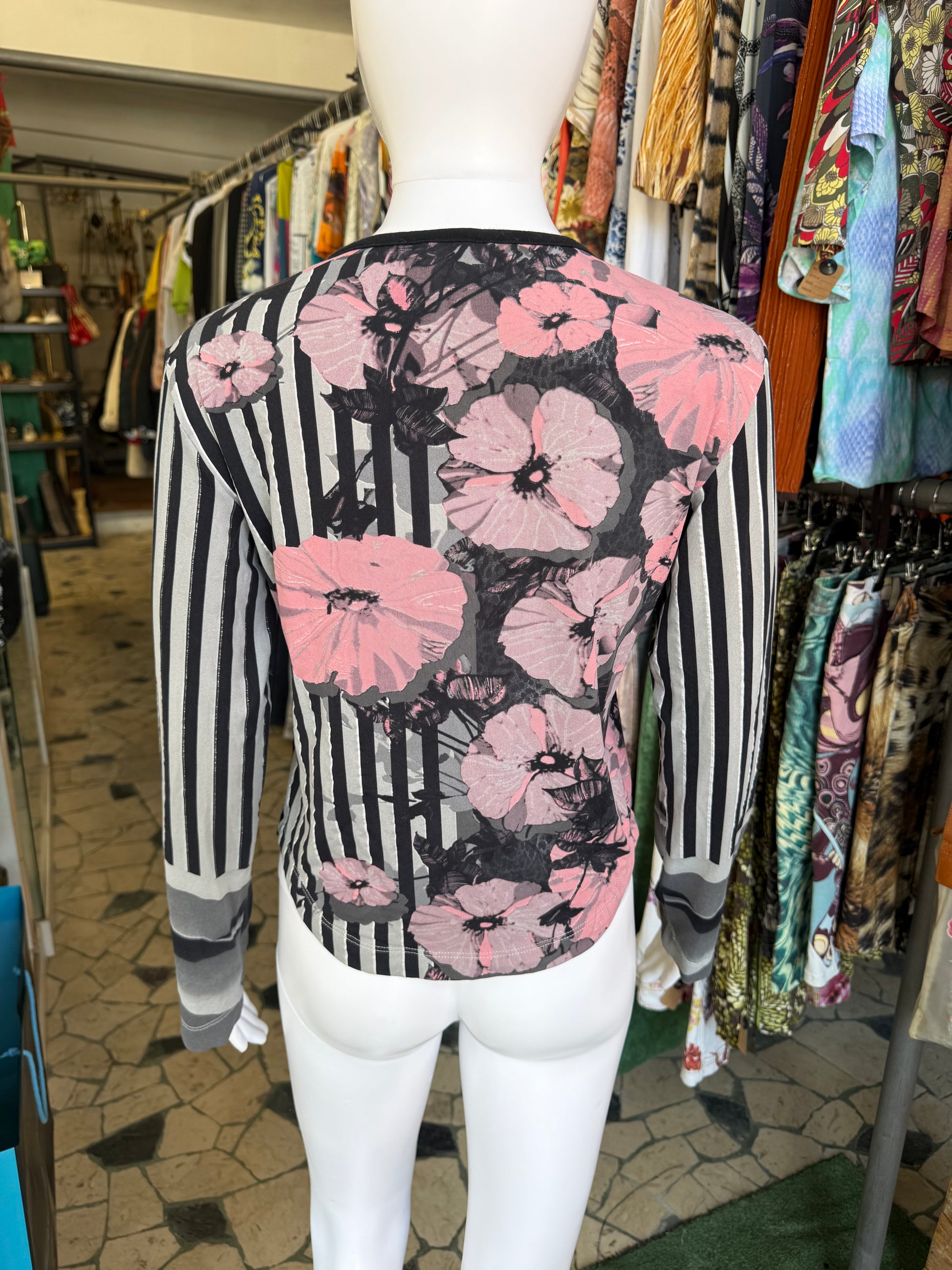 Top manica lunga Roberto Cavalli fiori e righe 2000s