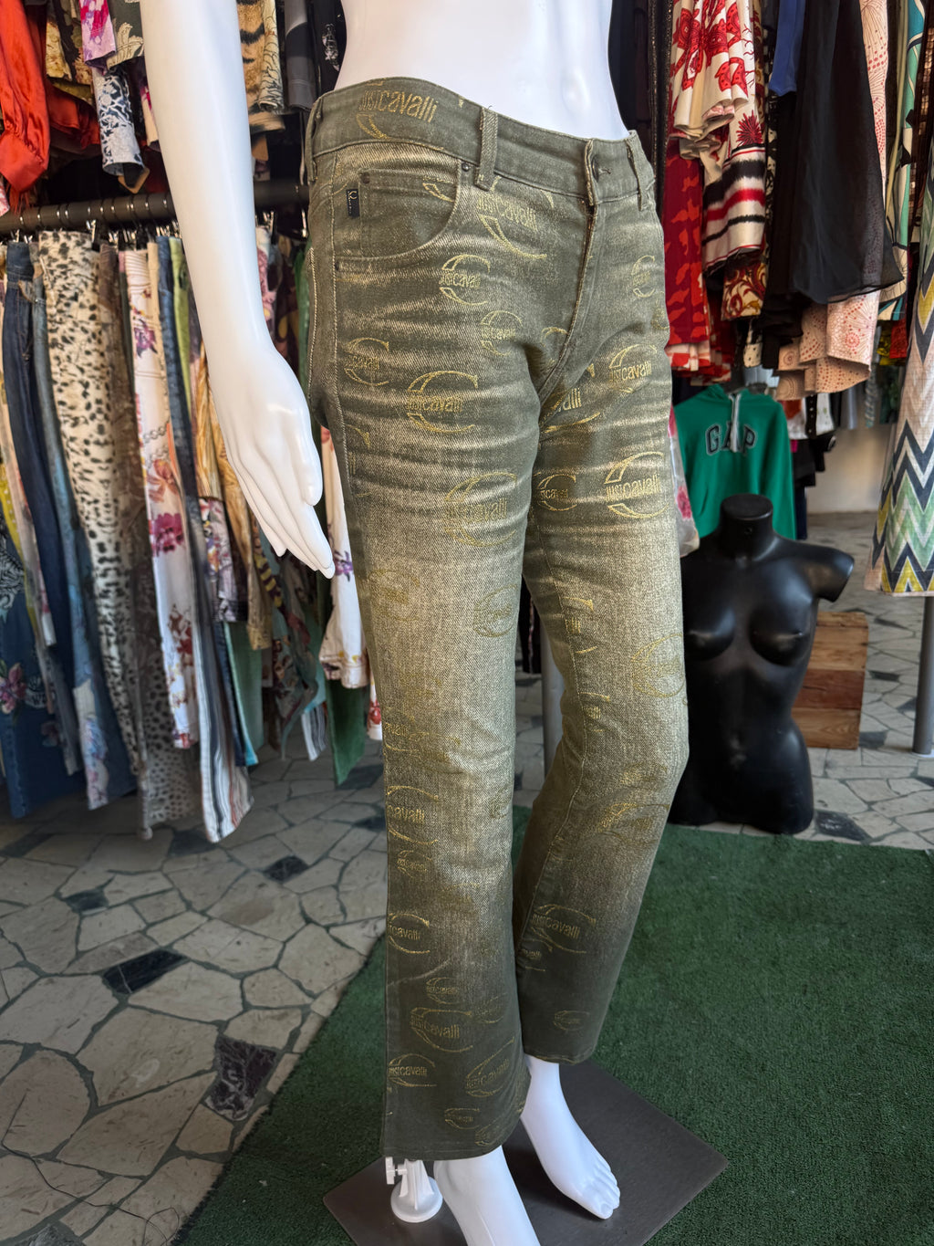 Jeans Roberto Cavalli logo Just verde oro 00s