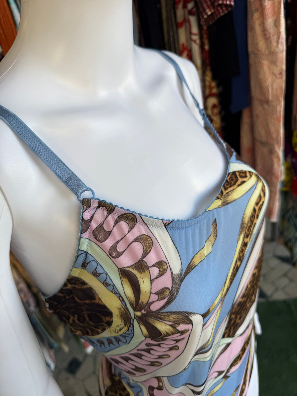 Top Roberto Cavalli SS2004 patchwork animalier azzurro