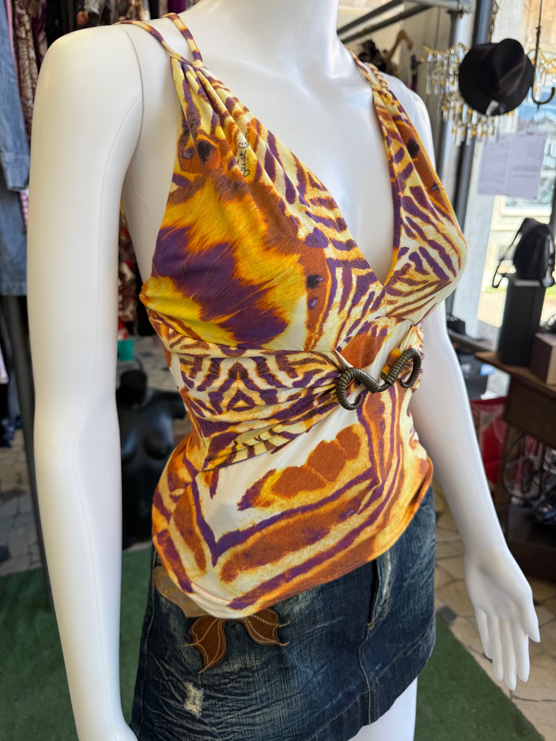 Top Roberto Cavalli tigre arancione con dettaglio corna 00s