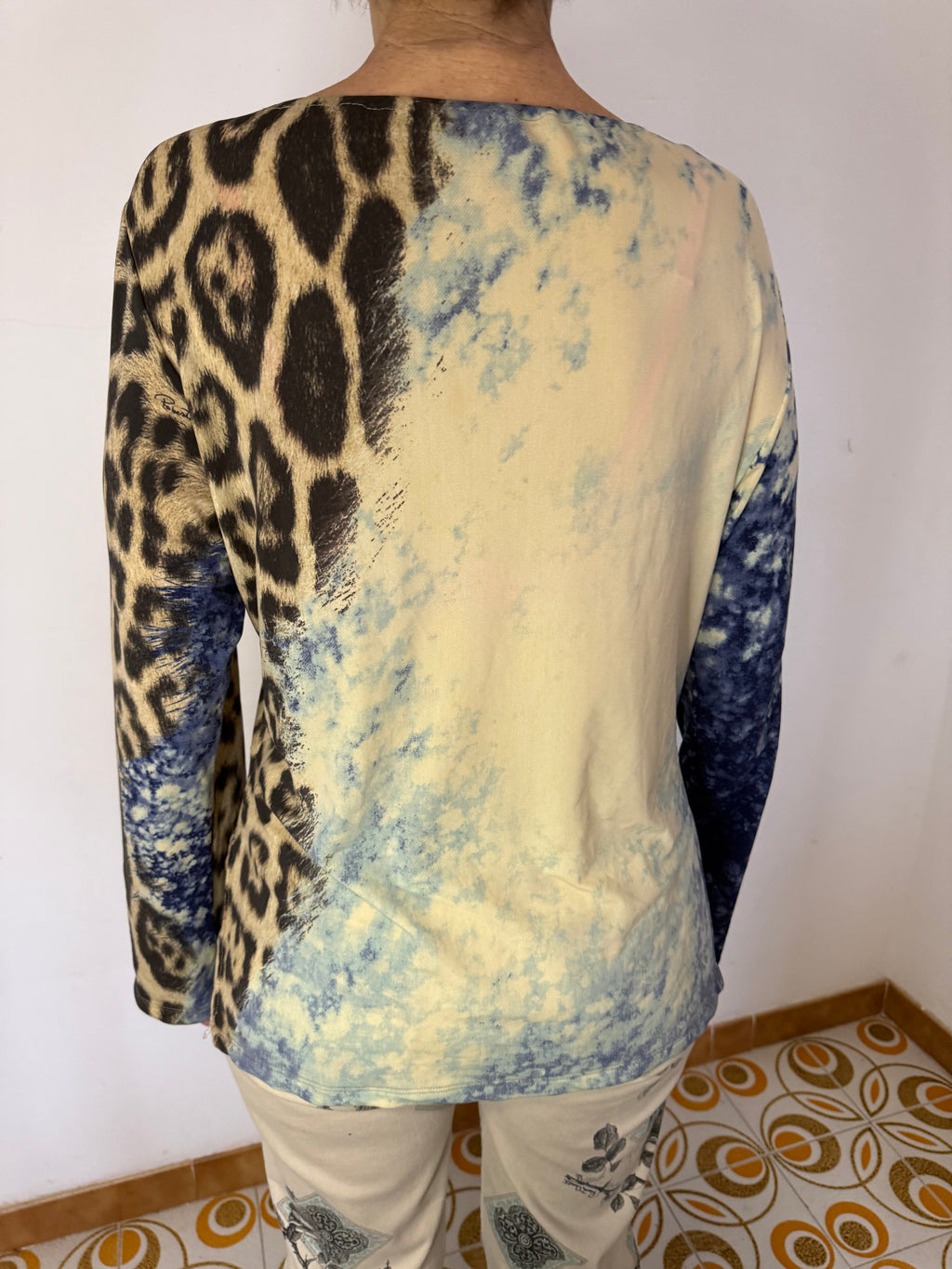 Top manica lunga leopardo e oceano Roberto Cavalli FW2001