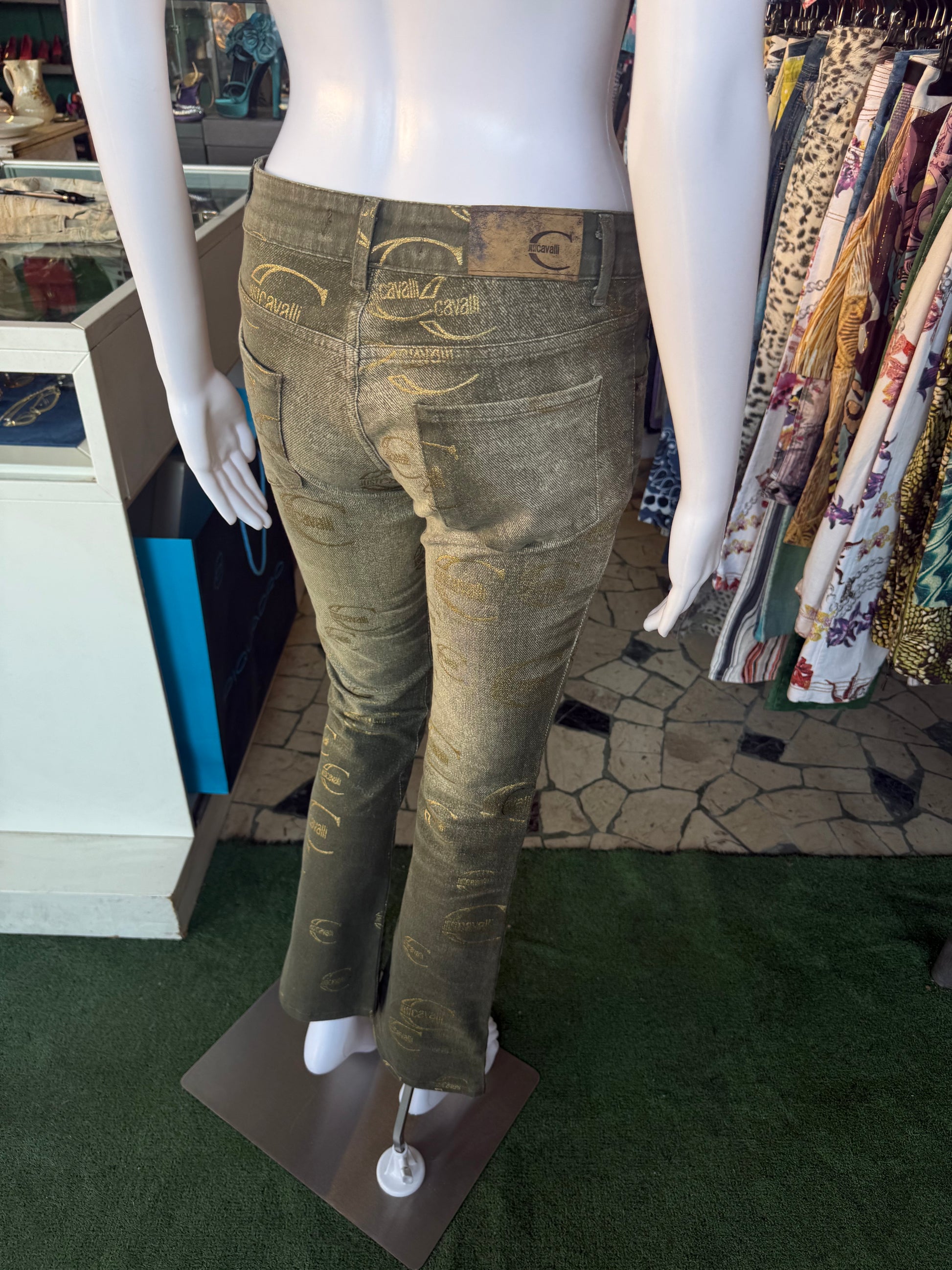 Jeans Roberto Cavalli logo Just verde oro 00s