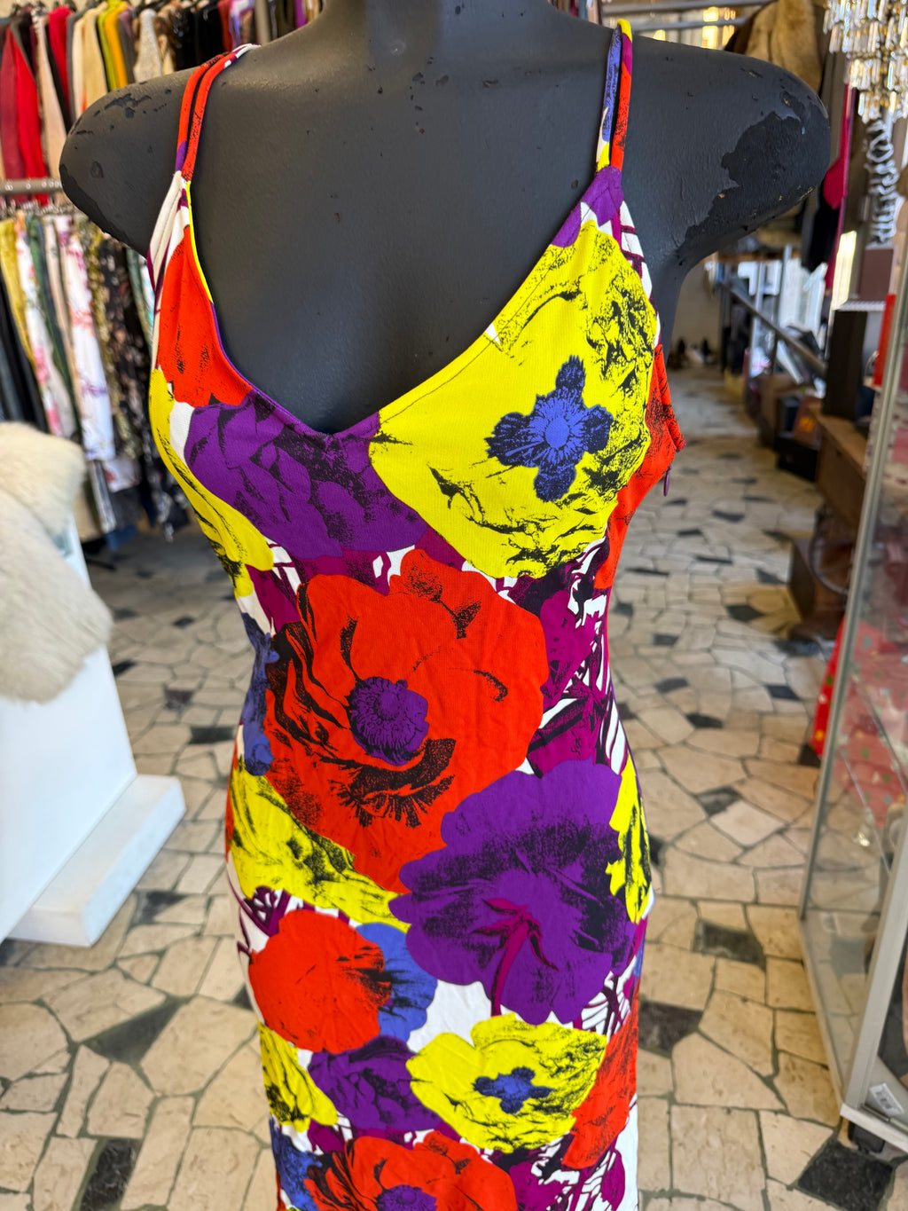 Abito Gianni Versace SS2002 stampa fiori multicolore