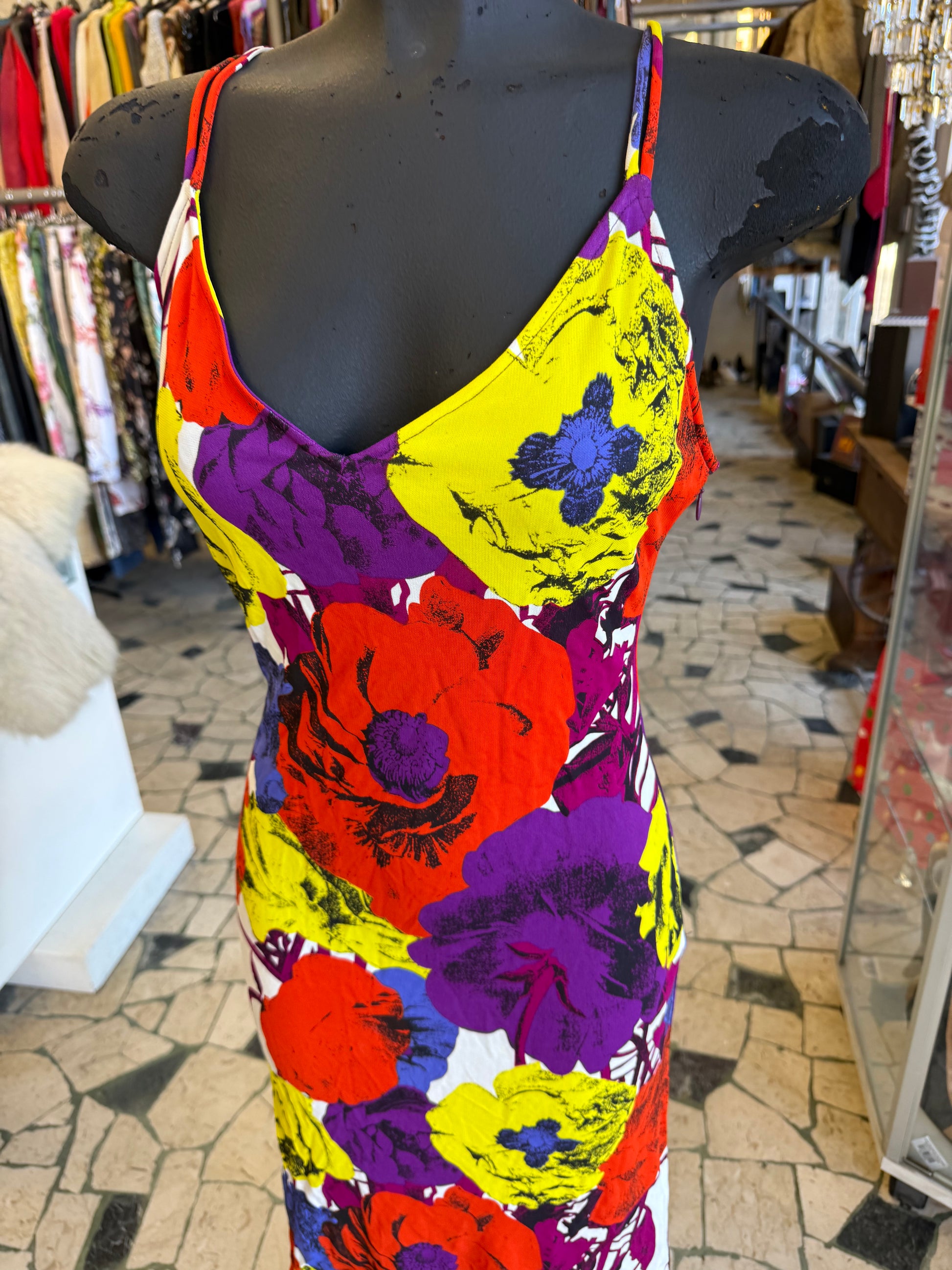 Abito Gianni Versace SS2002 stampa fiori multicolore