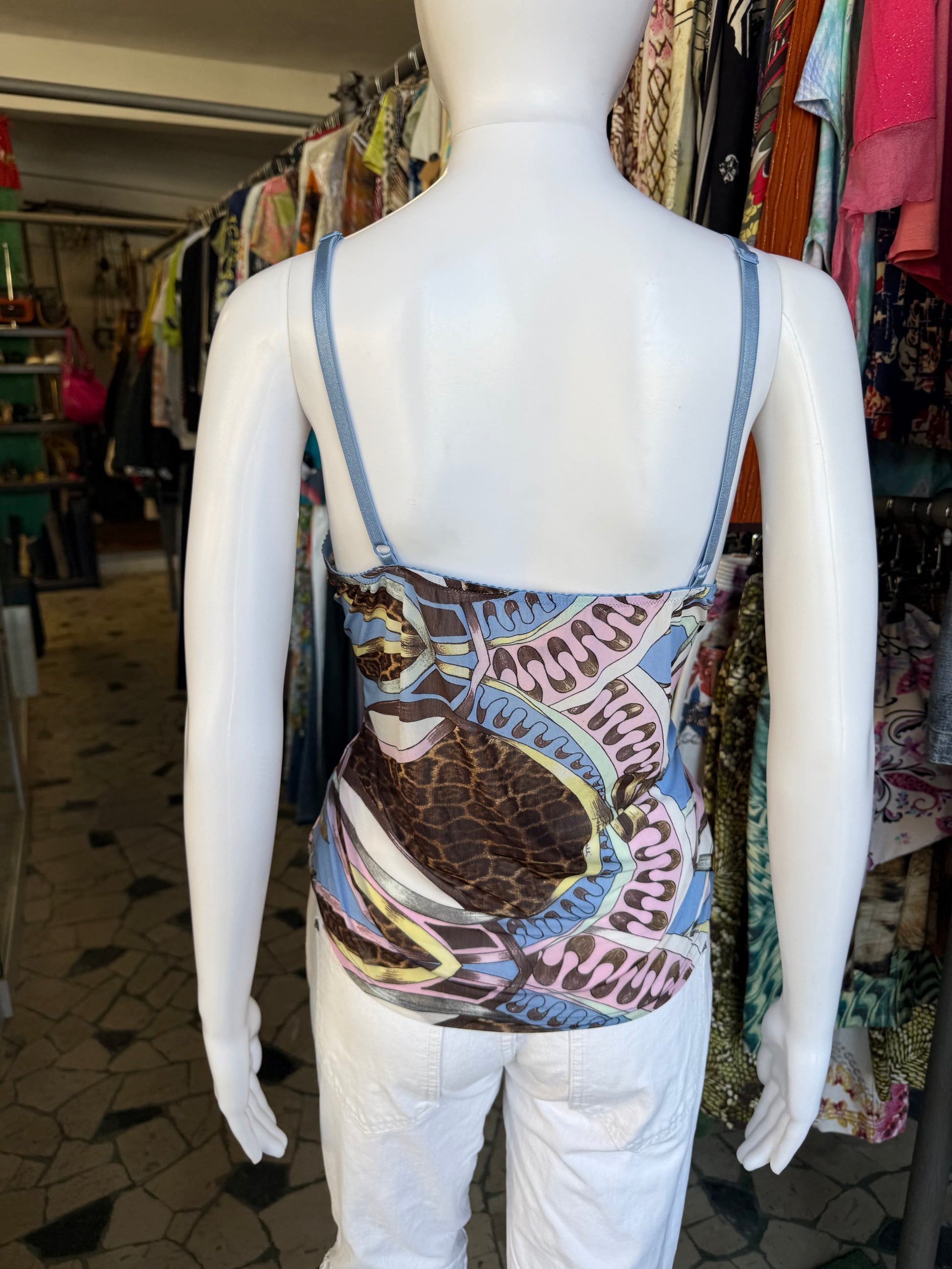 Top Roberto Cavalli SS2004 patchwork animalier azzurro