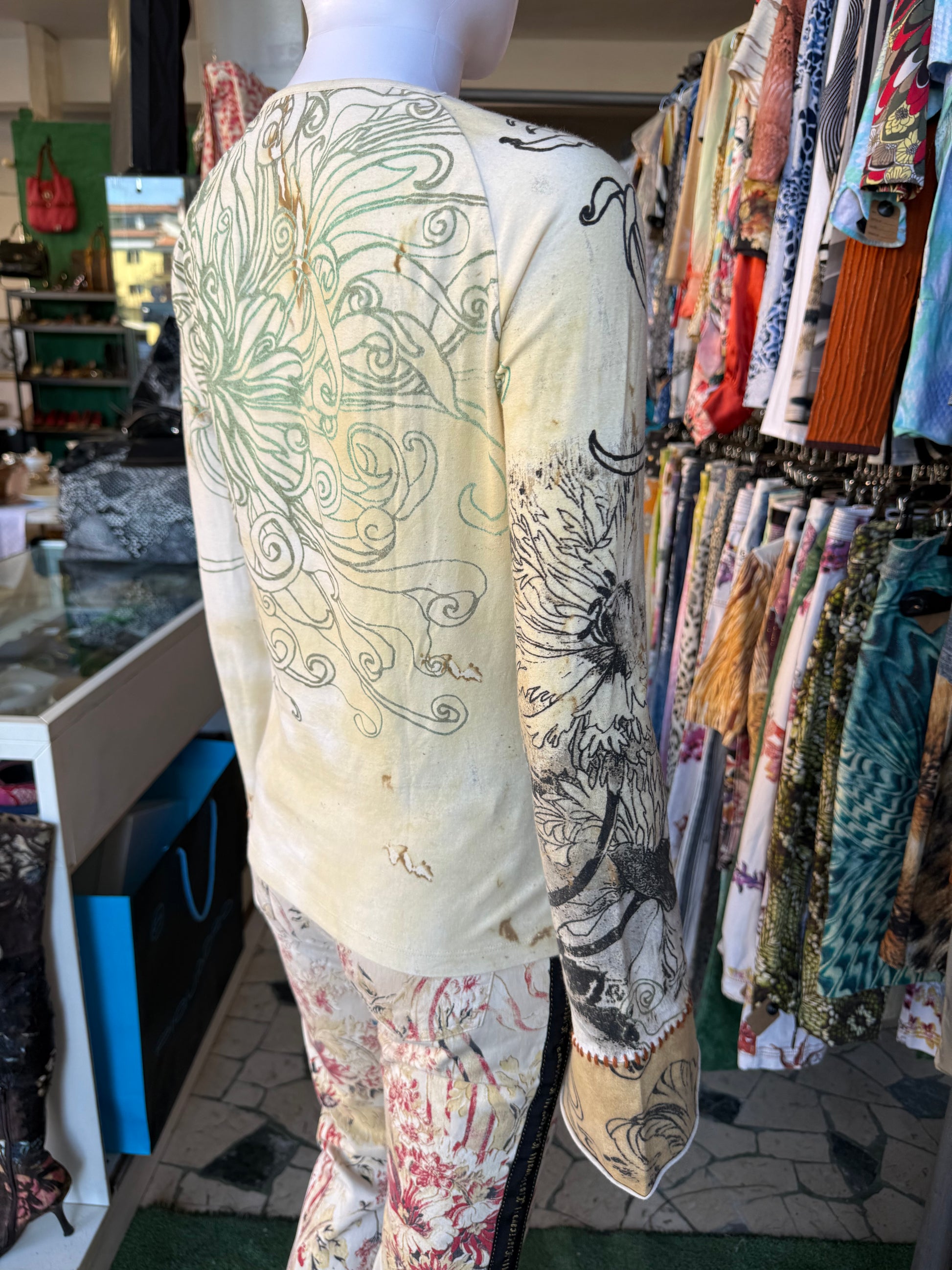 Top Roberto Cavalli fiori e bruciature 00s