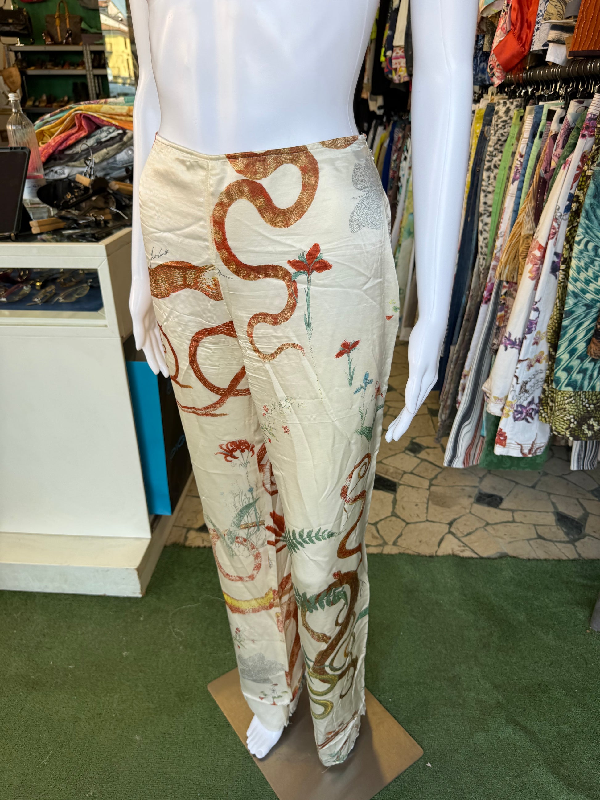 Pantalone Roberto Cavalli seta serpenti e foresta 00s