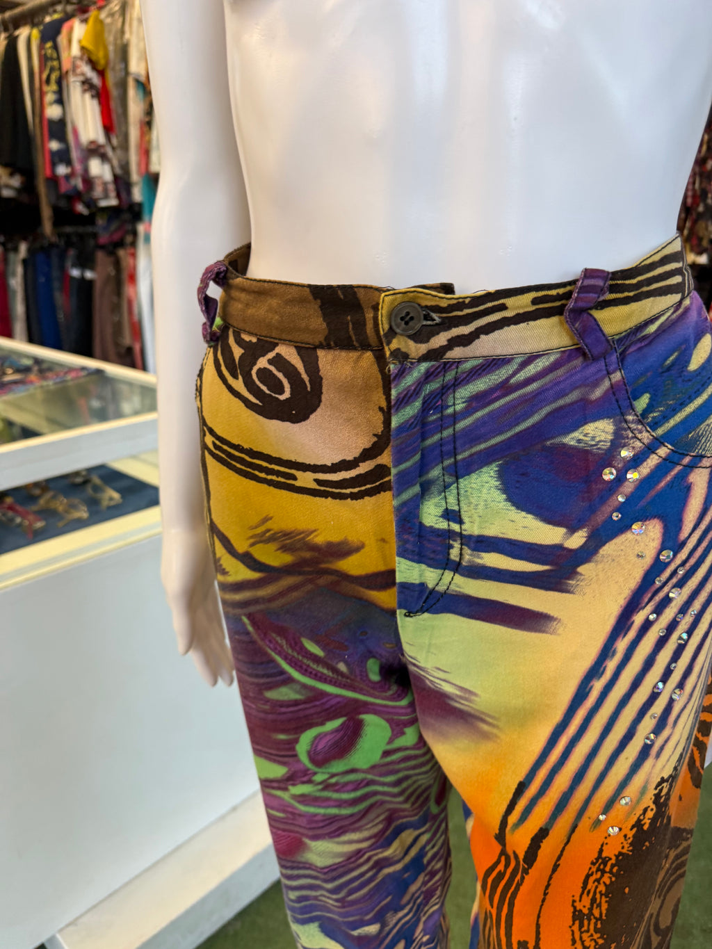 Jeans leggero Gai Mattiolo fantasia colorata impronta digitale 00s