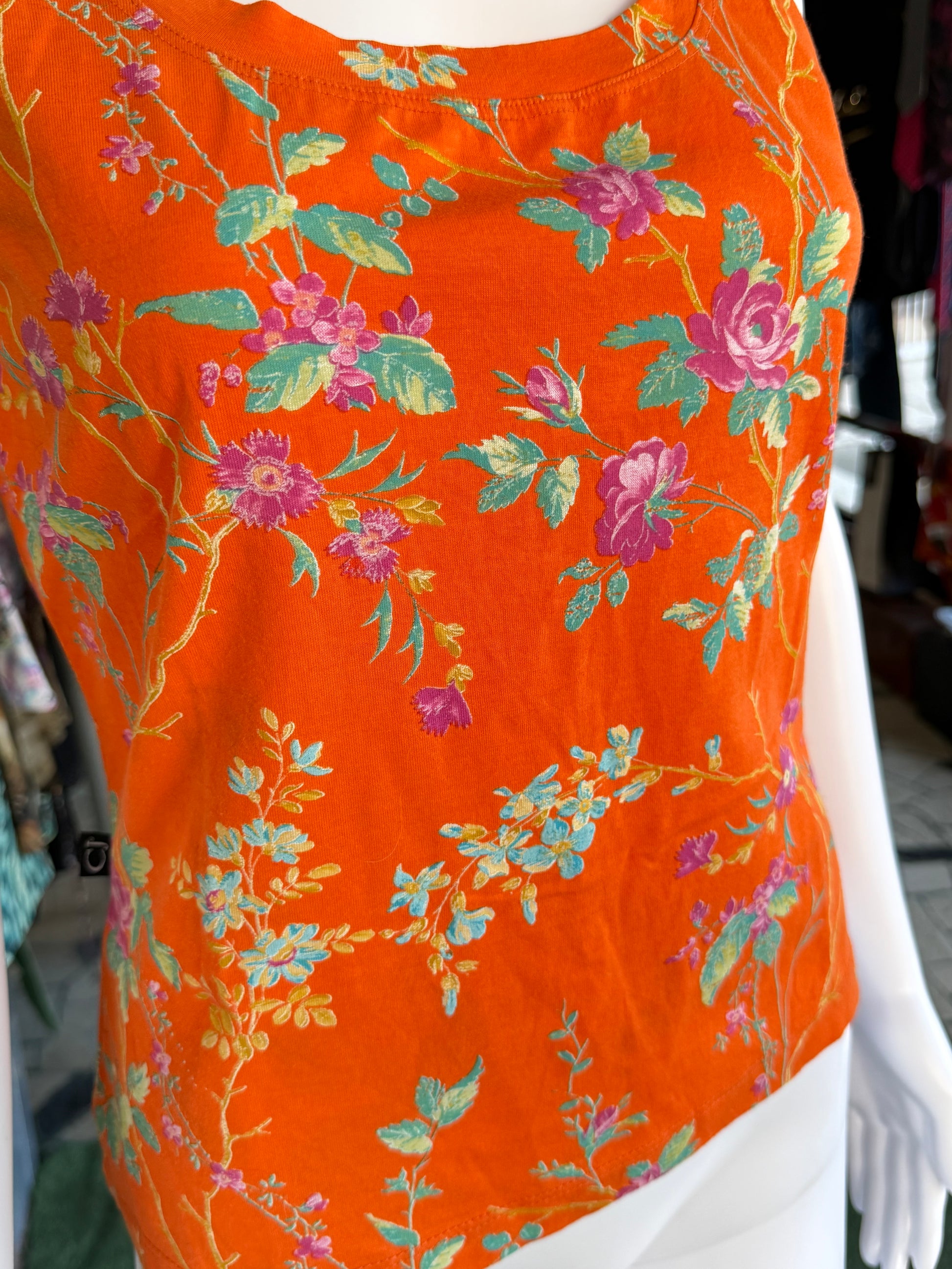 Top Roberto Cavalli fiori su arancio 90s