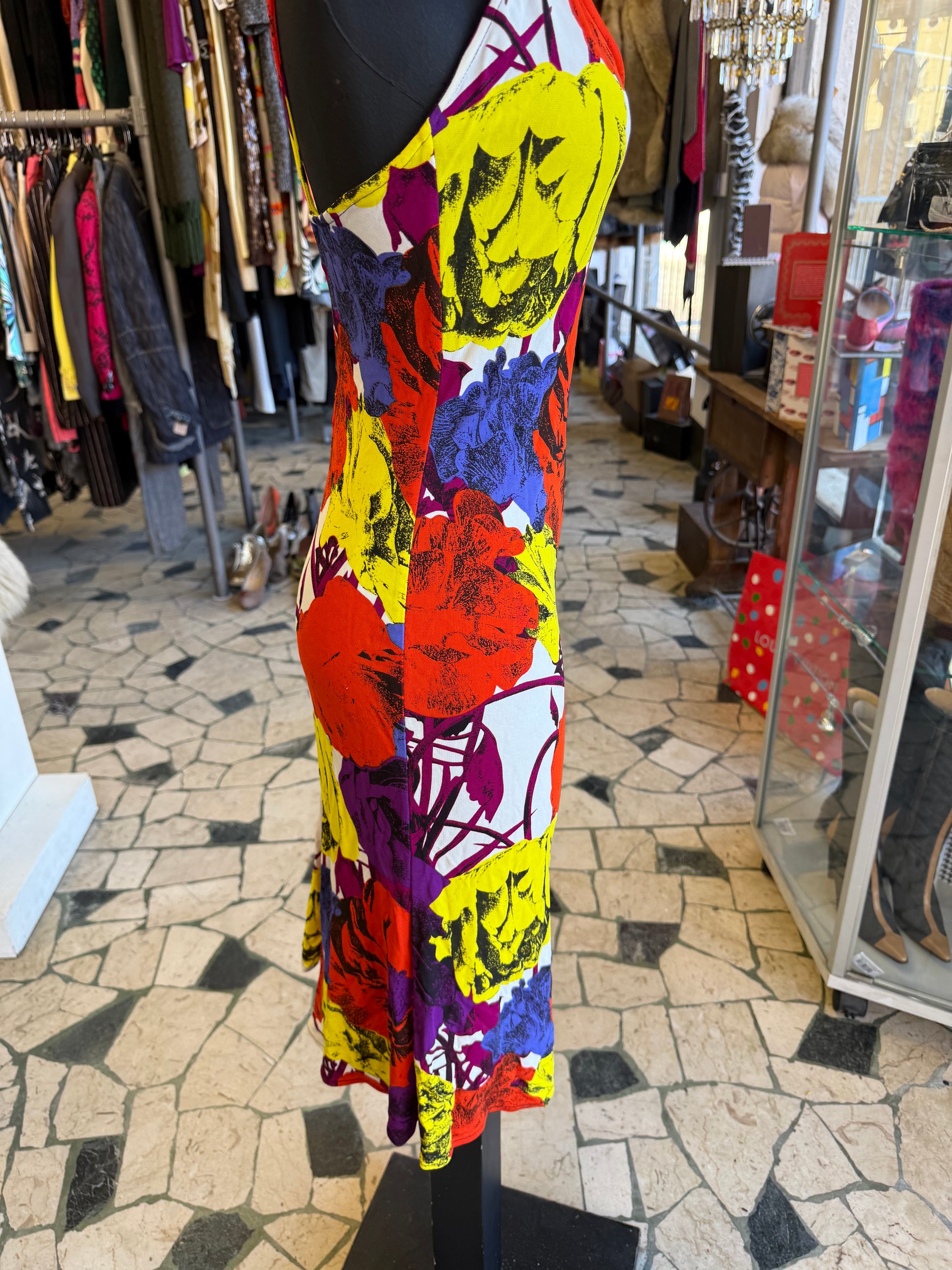 Abito Gianni Versace SS2002 stampa fiori multicolore