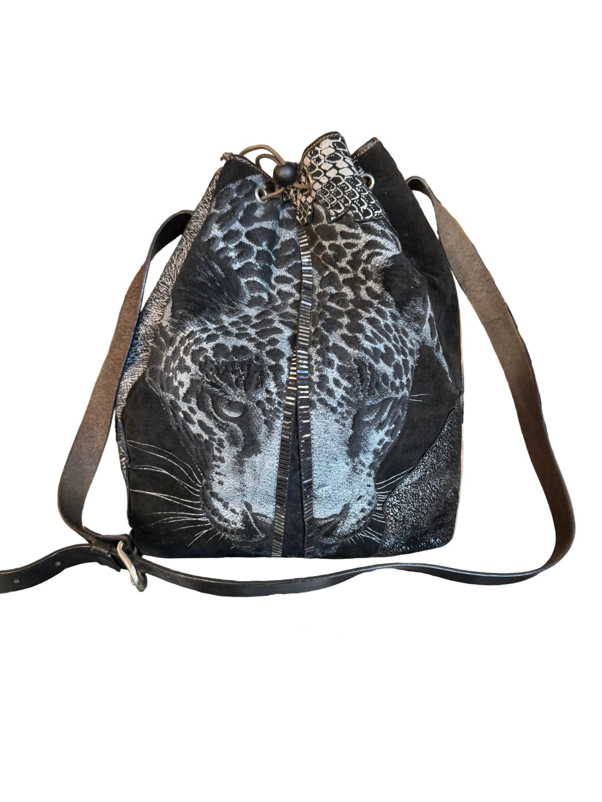 Borsa Roberto Cavalli a secchiello giaguaro e patchwork anni 80