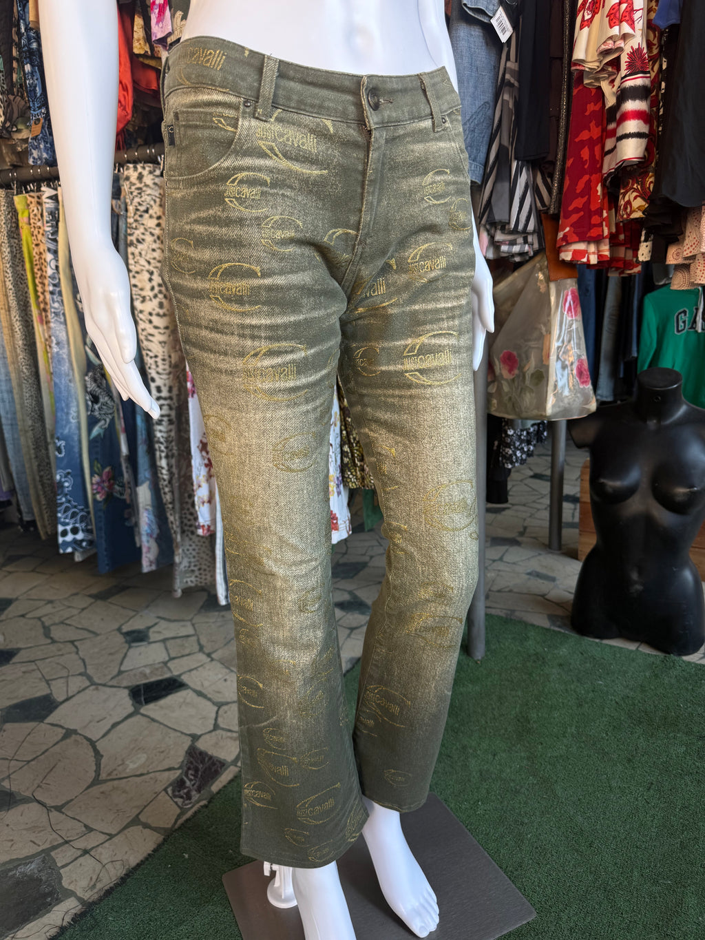 Jeans Roberto Cavalli logo Just verde oro 00s