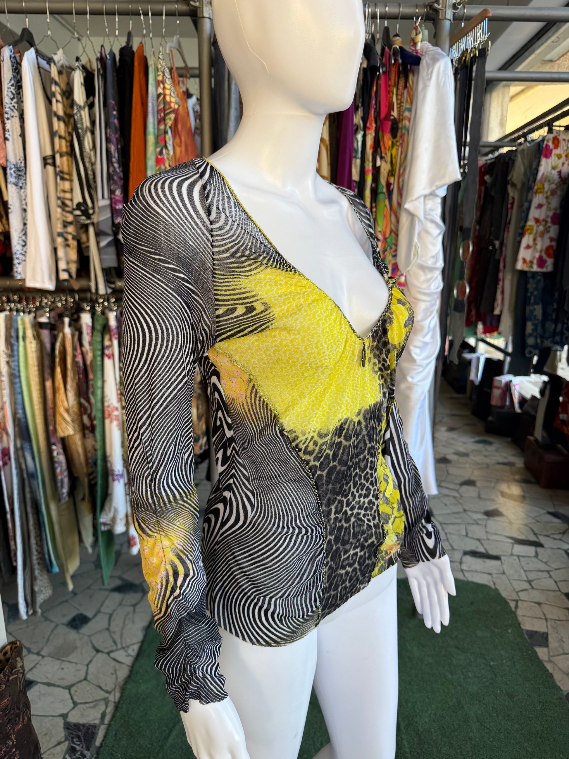 Top Roberto Cavalli Class patchwork fiori, leopardo e zebra