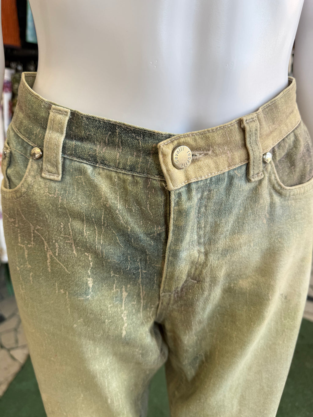 Jeans Roberto Cavalli rinascimentale quadro verde 90s