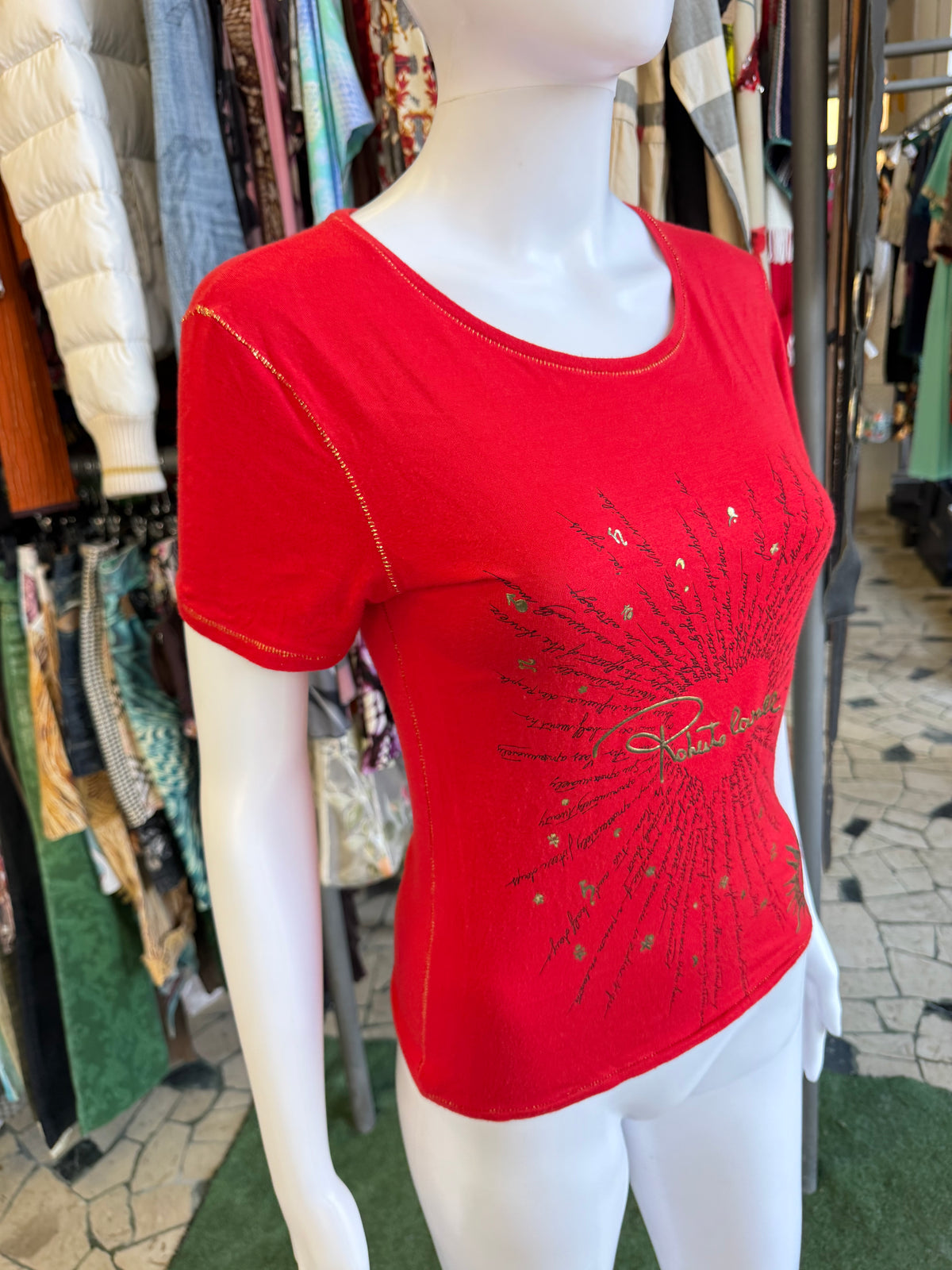 Top Roberto Cavalli 2004 rosso con dettagli oro