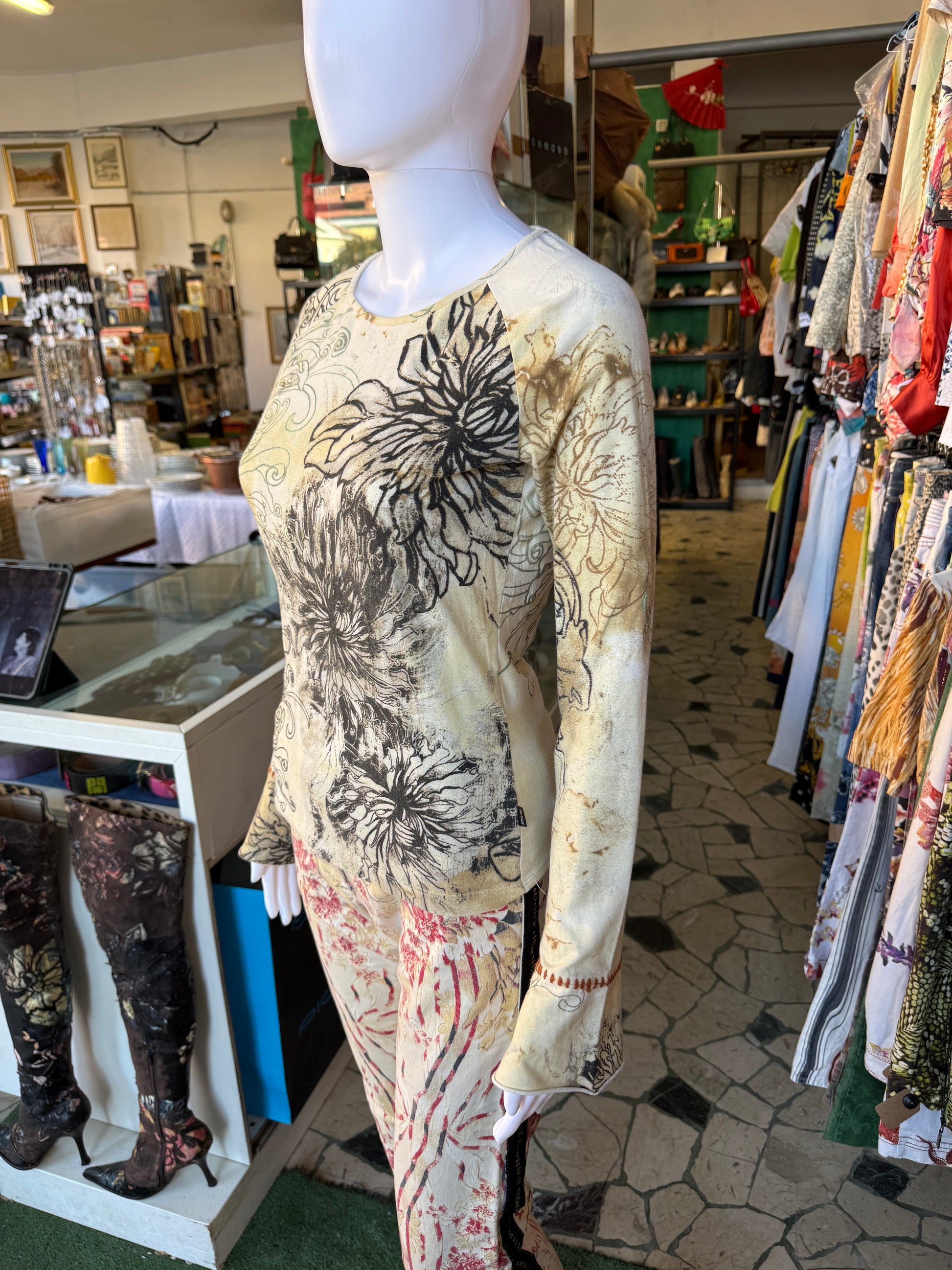 Top Roberto Cavalli fiori e bruciature 00s