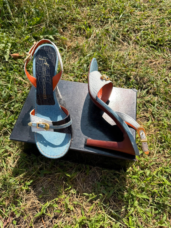 Sandali con tacco Giuseppe Zanotti denim e pelle martellata