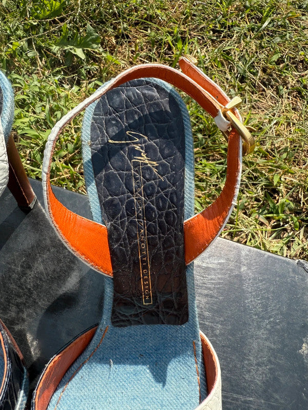 Sandali con tacco Giuseppe Zanotti denim e pelle martellata