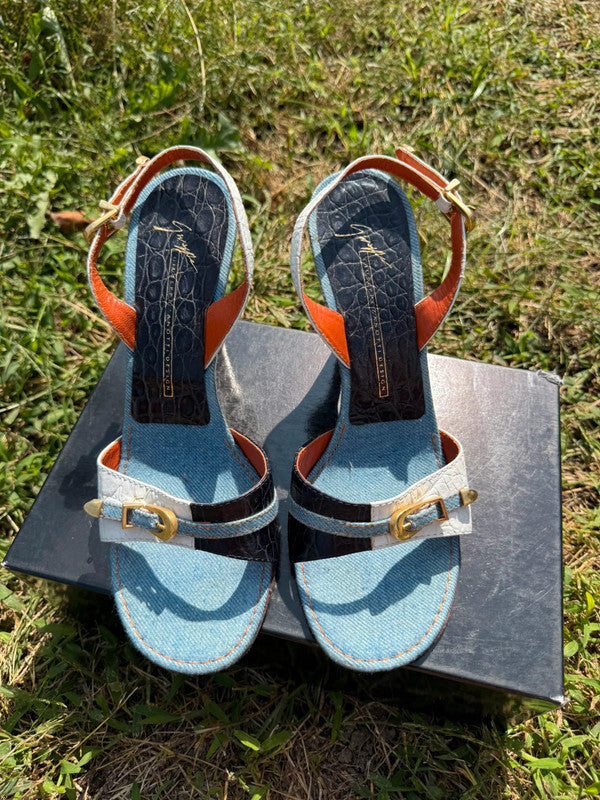 Sandali con tacco Giuseppe Zanotti denim e pelle martellata