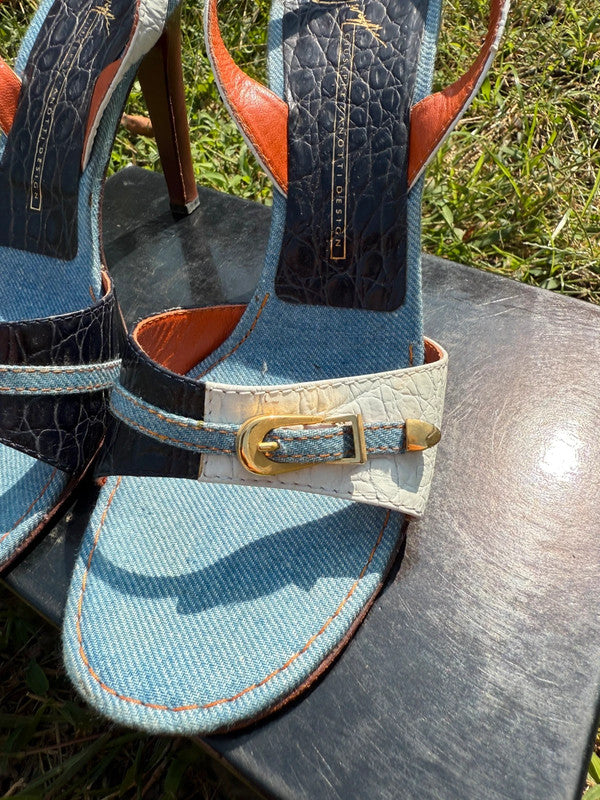 Sandali con tacco Giuseppe Zanotti denim e pelle martellata